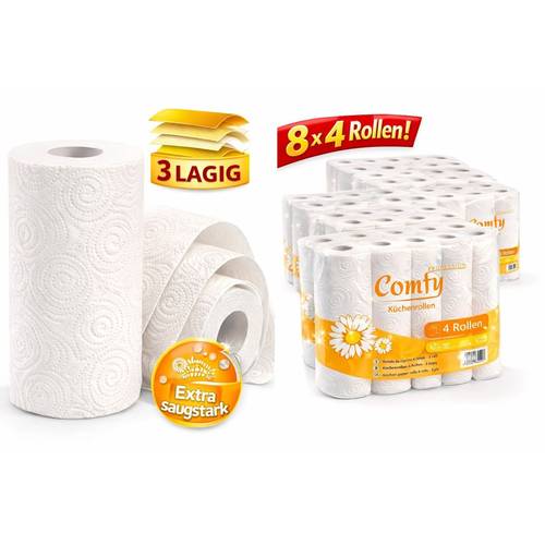 3-lagig küchenrollen 32 rollen großpaket – comfy | saugstark & reißfest (8×4)