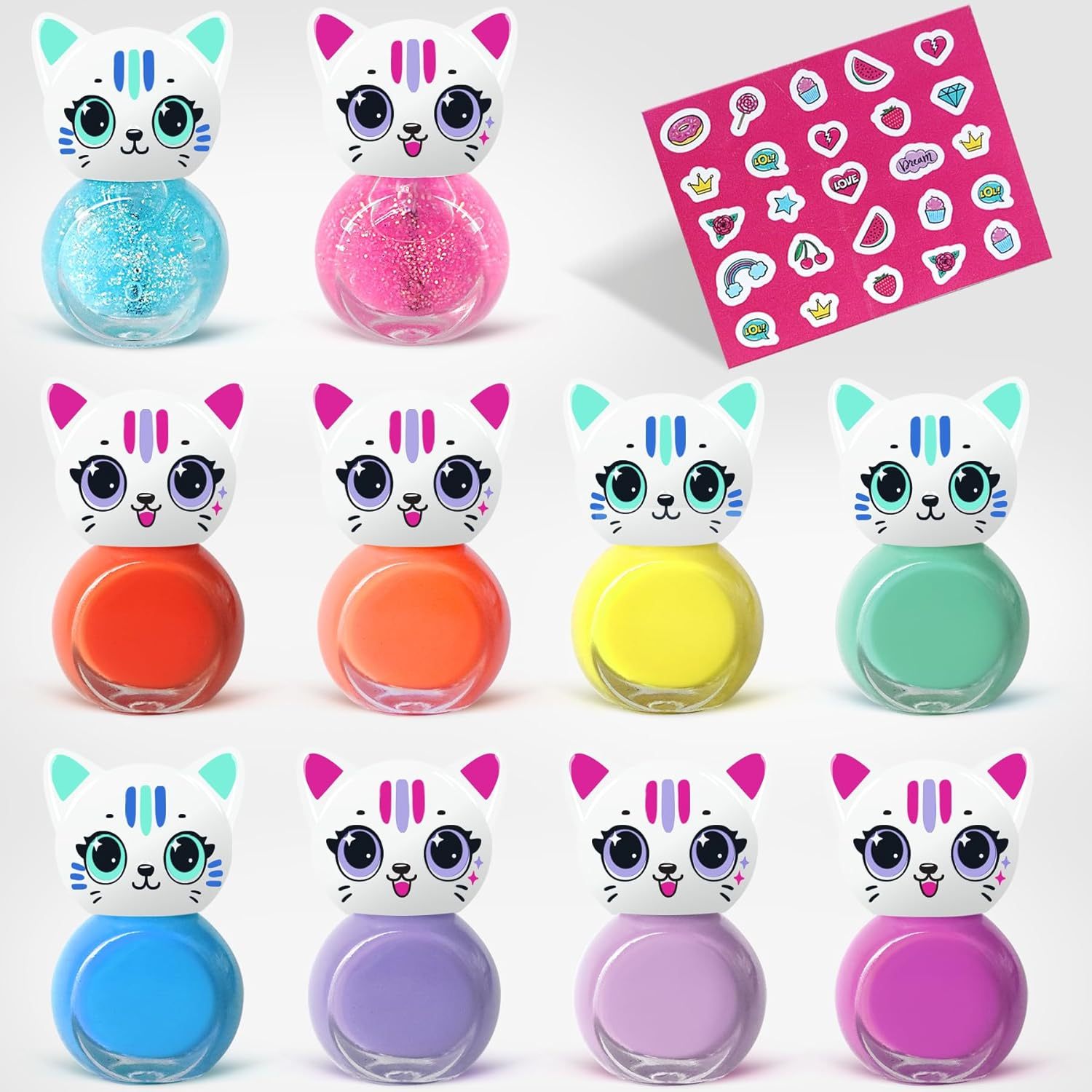 TEMU Cat-shaped Water-based Nail Polish – 10 Colours, Quick Dry Formula With Decorative Nail Decals