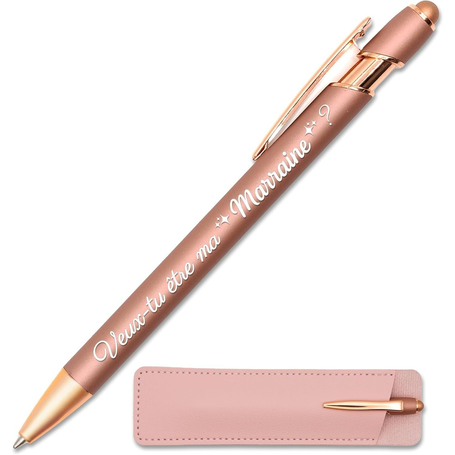 TEMU Stylo gravé -tu ma Marraine, cuivré avec étui cuir - Stylo en métal tactile - annonce de bébé, grossesse