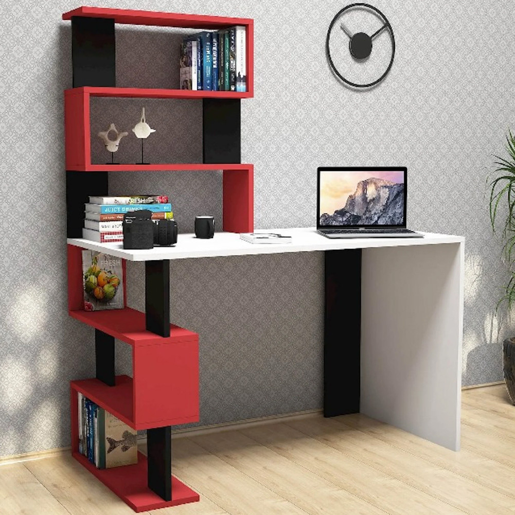 Image of Bakaji Desk With 7-shelf Bookcase Computer Table With Pc Holder Woodenstructure And Top Home Office Furniture Red Color - Dimensions 120 X 60 X 148 Cm