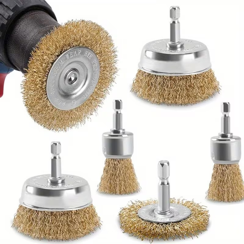 E-shop Bürsten-Set für 5/8-Zoll-Räder für Bohrmaschinen, mit einem 1/4-Zoll-Sechskant-Schaft, zur Reinigung und Entfernung.
