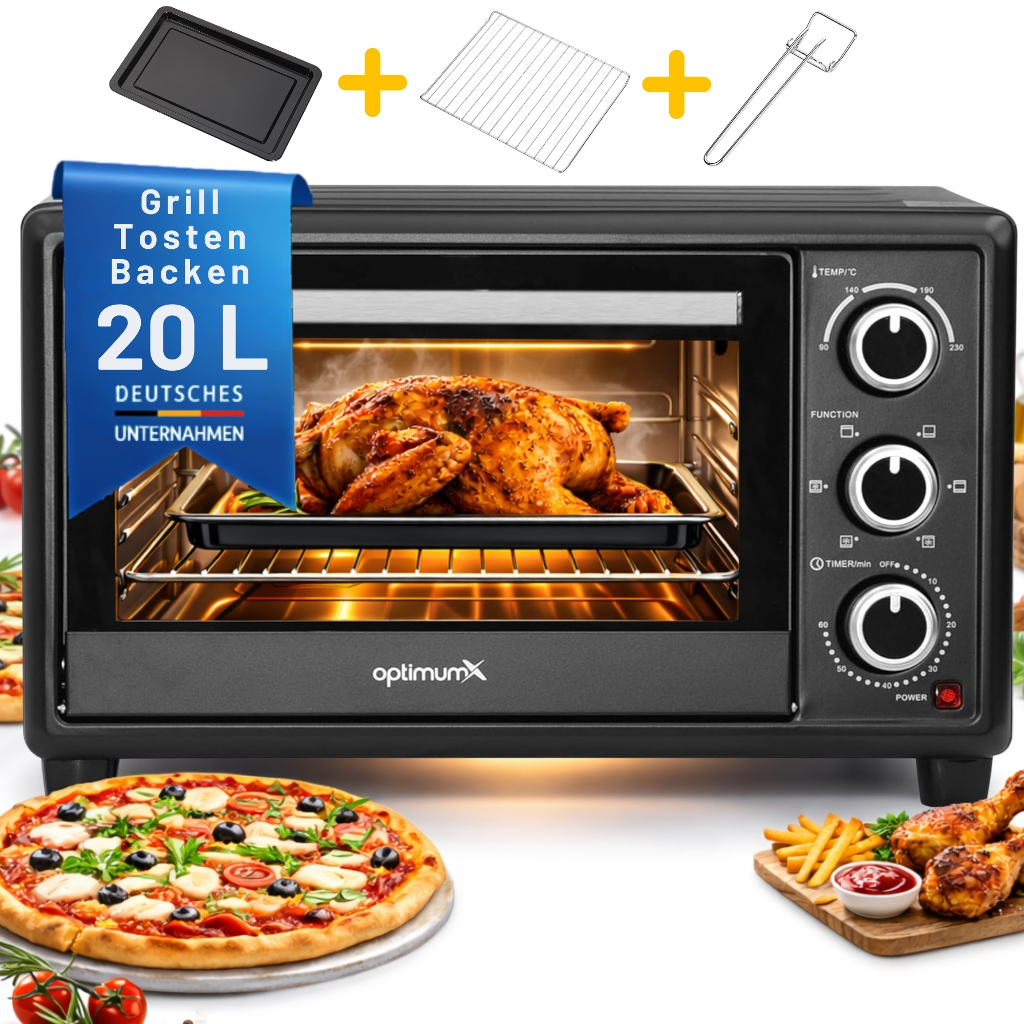 E-shop Mini-Backofen mit Heißluft, 1380 W Leistung, 6 Backprogramme, 60 Min Timer, Doppelglastür, Schwarz