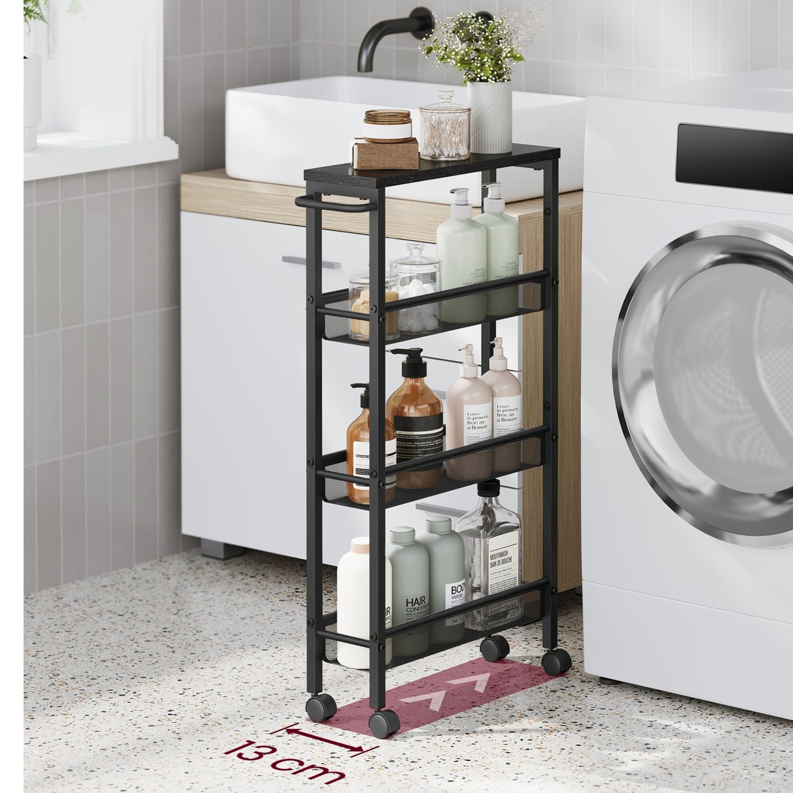 E-shop Küchenwagen 4 Ebenen schma mit Rollen , Nischenregal für kleine Küchen , Büro, Stahl Griff ,13x45x77cm, Platzsparend & Mobil