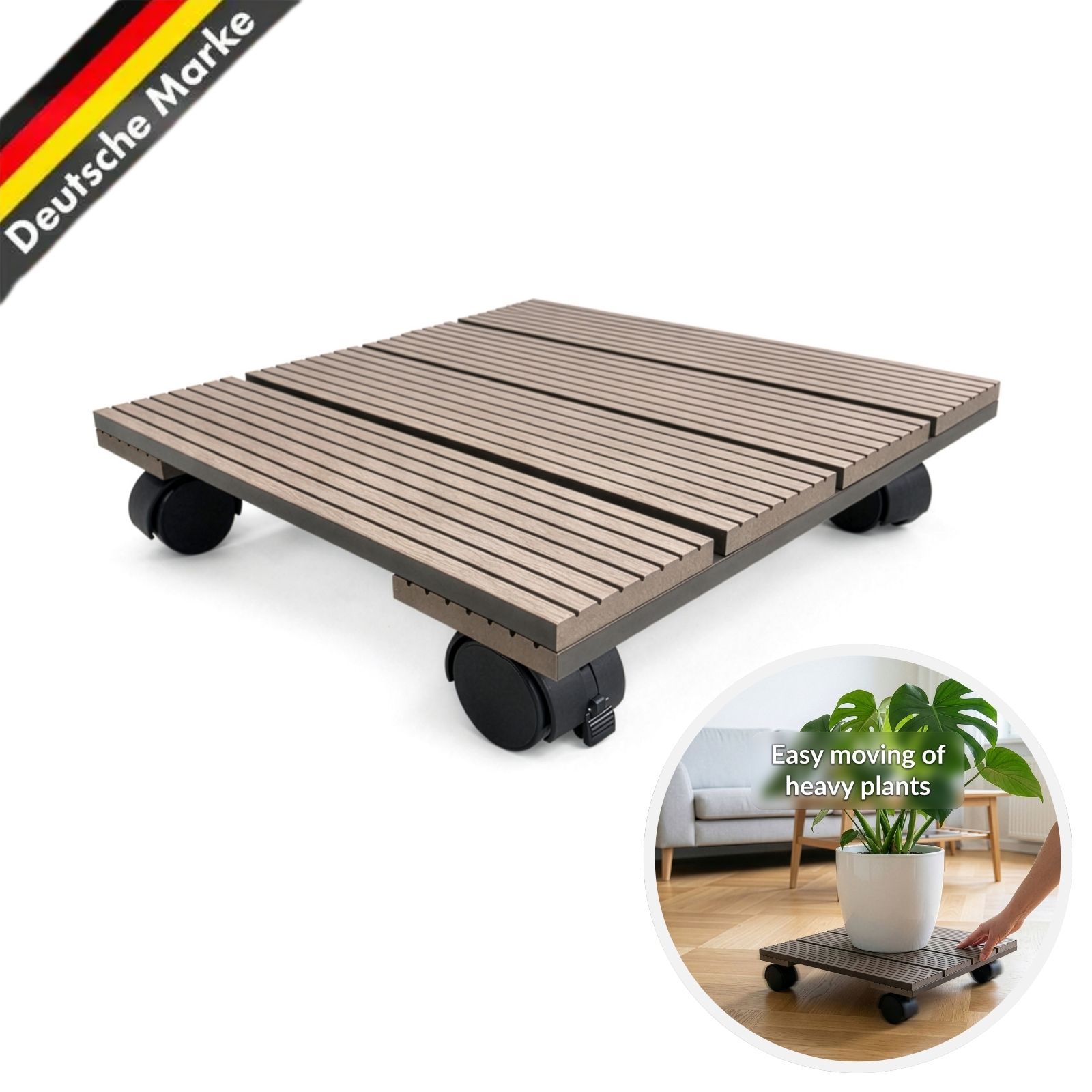 Wpc Plant Roller Marquis – 30 X 30 Cm – 80 Kg Load Capacity – 4 Rollers With Brakes – Roller Pads For Flower Pots And Planters