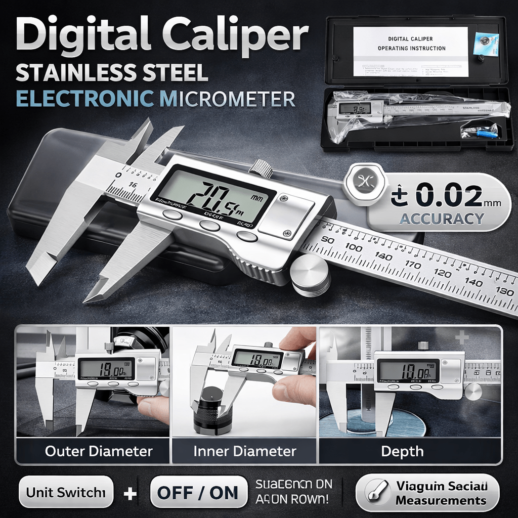 TEMU Digital Caliper, Stainless Steel Electronic Micrometer With Large Lcd Display, Automatic Shut-off, Inch/mm Conversion (6 Inches/150mm), Metal