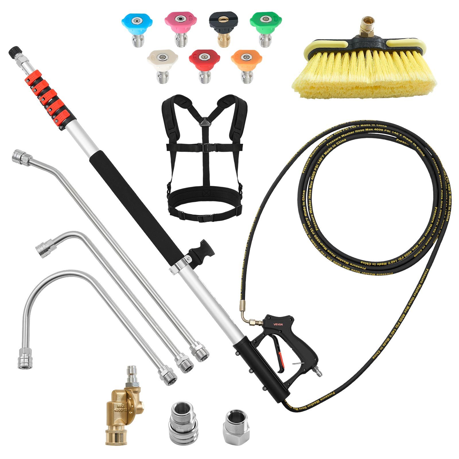 Image of Vevor 7.62 M Pressure Washer Telescoping Wand, With Power Washer Extension Wands & High Pressure Hose, Brush Head, 7 Nozzles, Hose Adapter, Support Belt, Storage Bag, 4000 Psi For