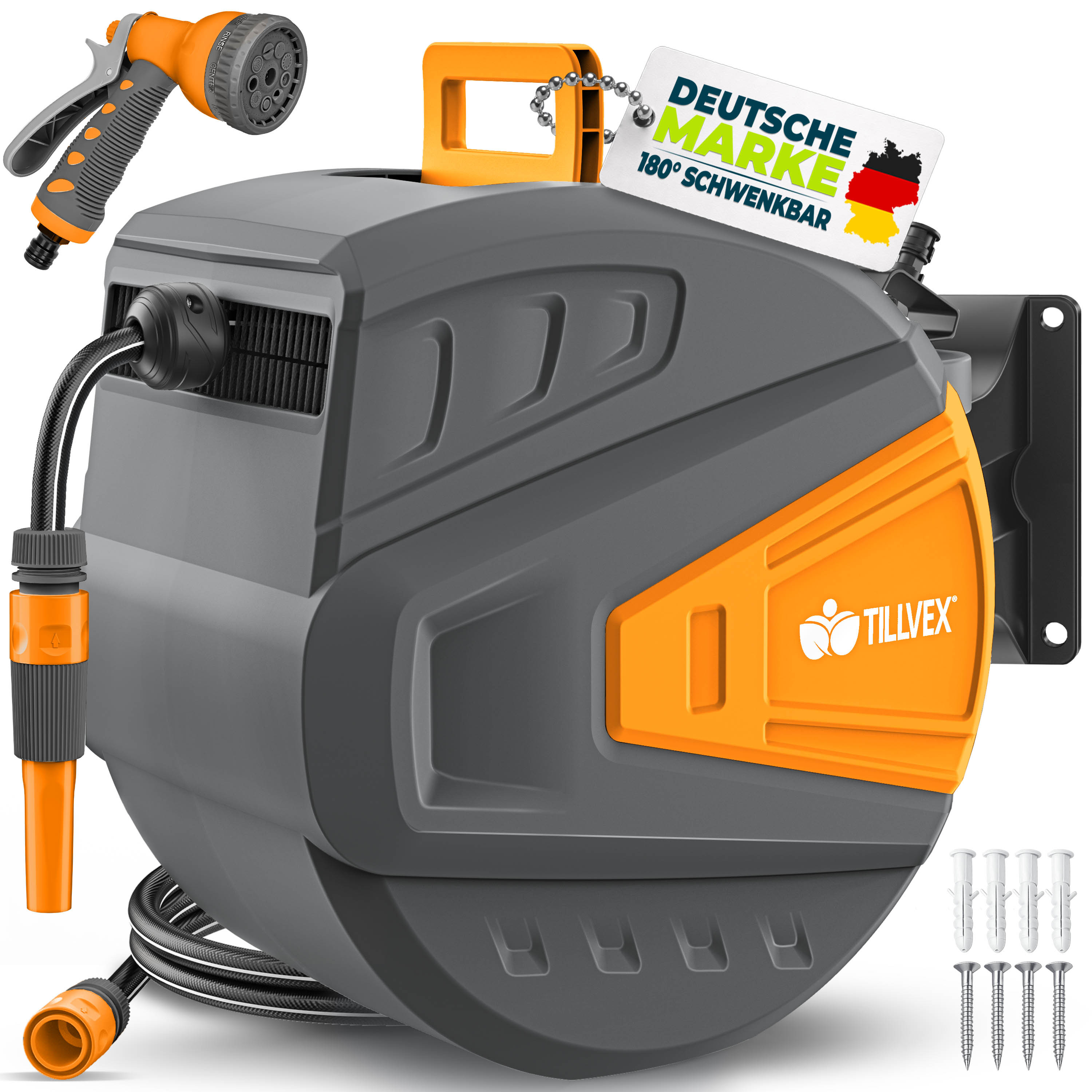 E-shop tillvex® Schlauchtrommel Wasser 20+2m mit Wandhalterung + Tragegriff | Schlauchaufroller mit Handbrause und Gartenschlauch |