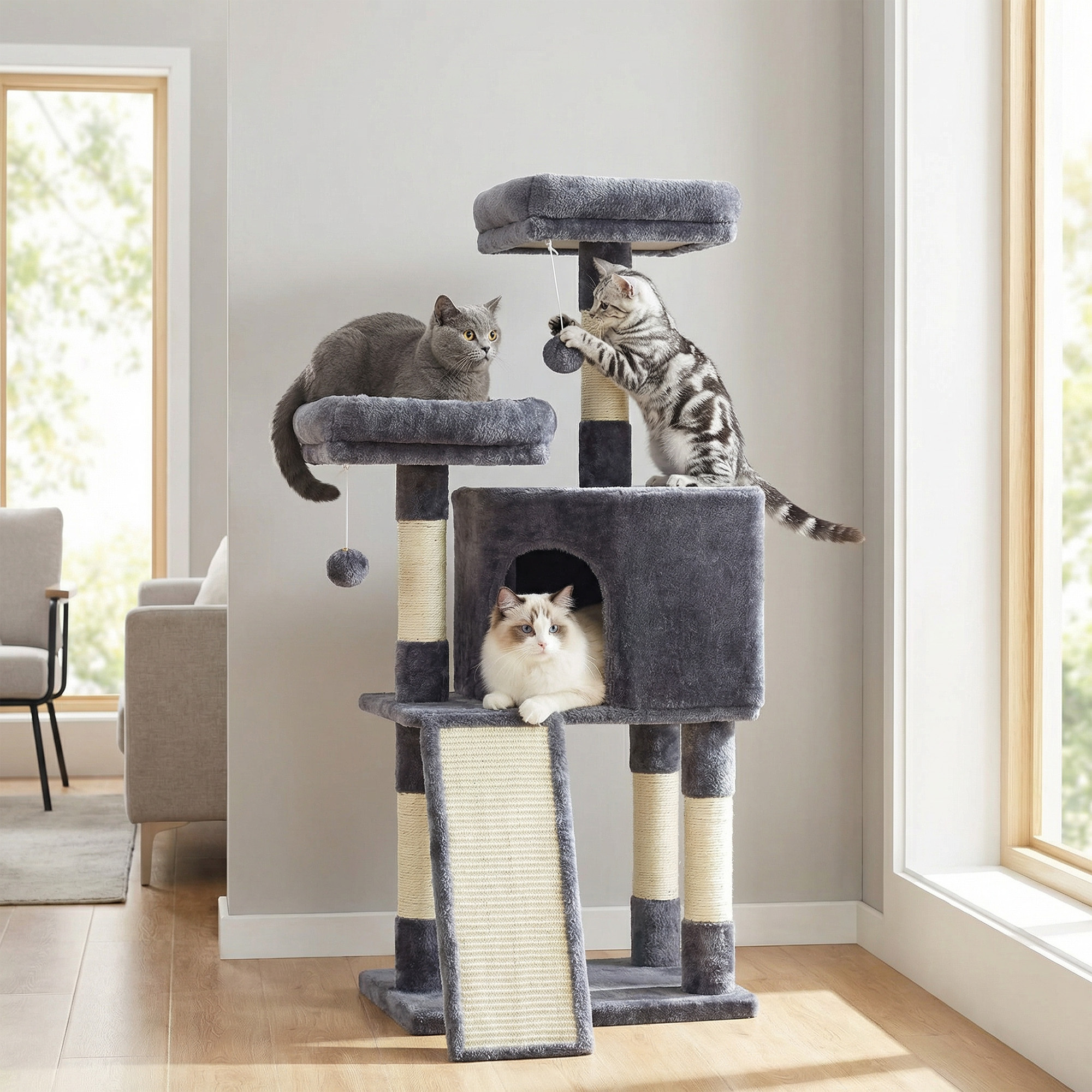 E-shop Katzenklettergerüst klein 115 cm hoch, Kratzbaum mit Kratzbrett, Plattform, Plüschball, geeignet für Hauskatzen, Kätzchen, weicher Plüsch, mit
