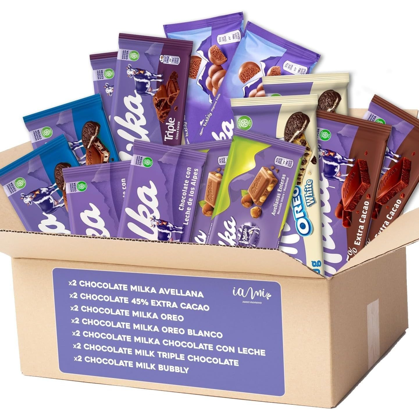 Image of Milka Chocolate Pack - 14 Milka Chocolate Tablets. 7 Milka Chocolate Varieties X 2 Tablets. 45% Extra Cocoa - White - Triple Chocolate - Bubbly - Milk - Hazelnuts -