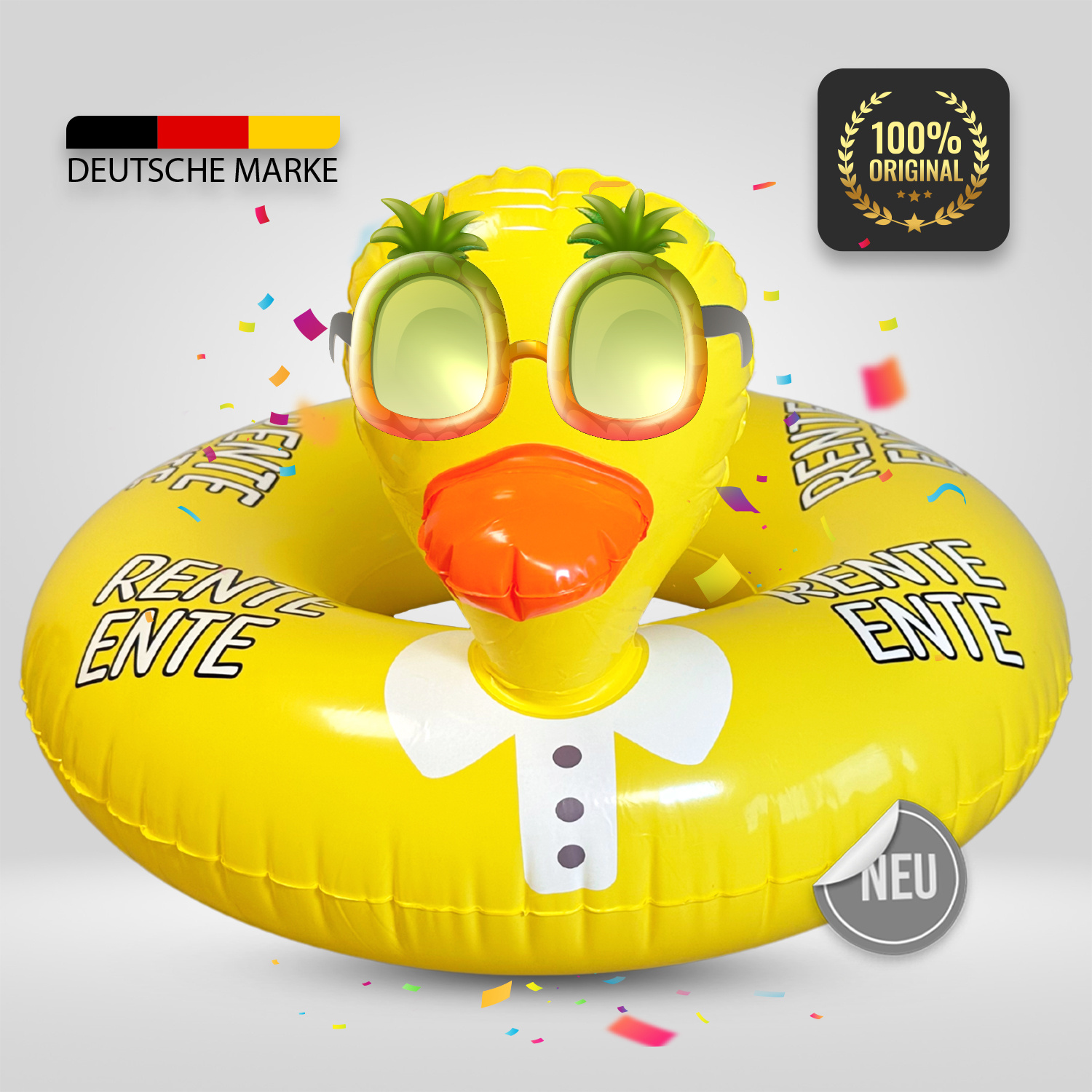 E-shop Die Rente Ente | Aufblasbare Schwimmente Ruhestand oder zur Pension | Karneval - Geburtstag -Mottoparty | lustiges Spaßgeschenk