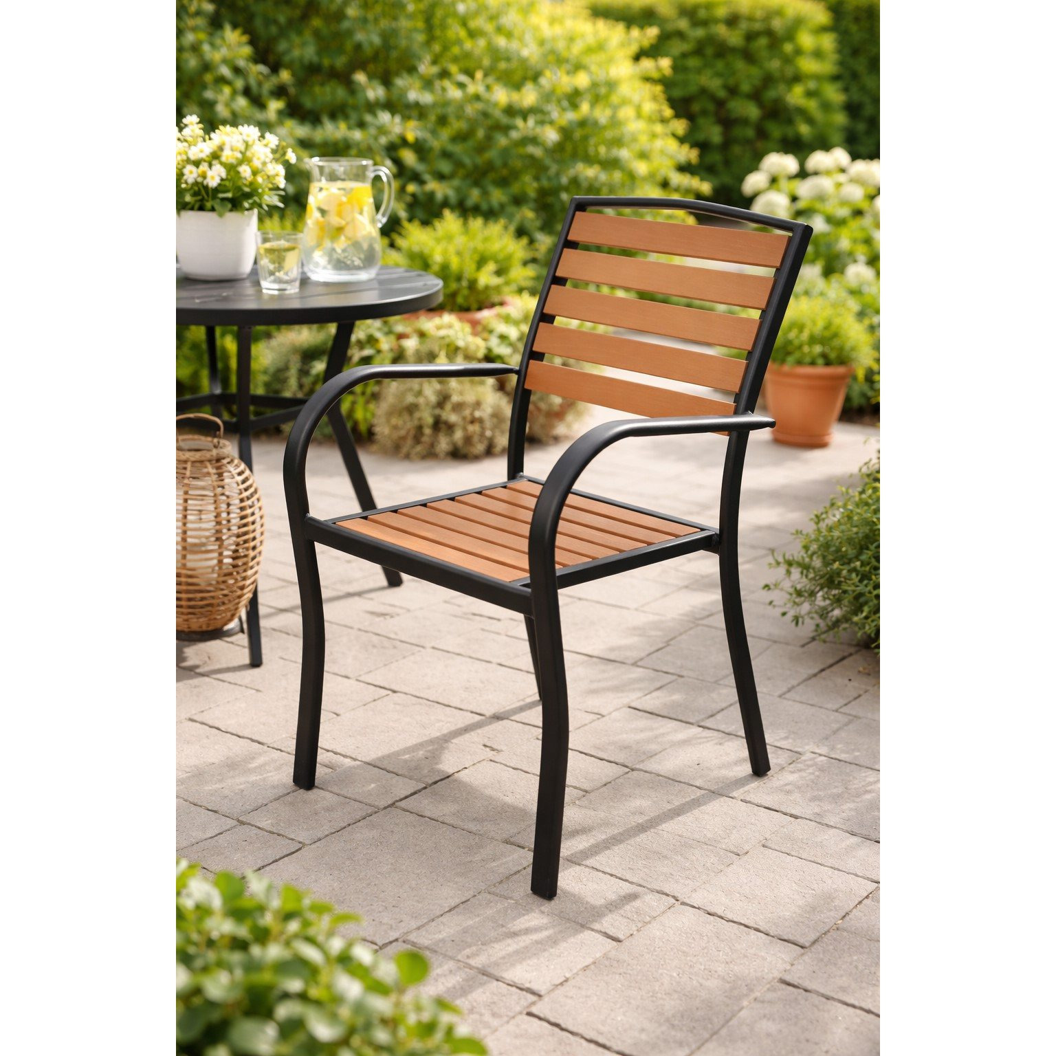 Stackable Garden Chair With Armrests, Black Metal & Honey , Weatherproof, Stable Up To 130 Kg, Pre-assembled, For Balcony, Terrace, Garden