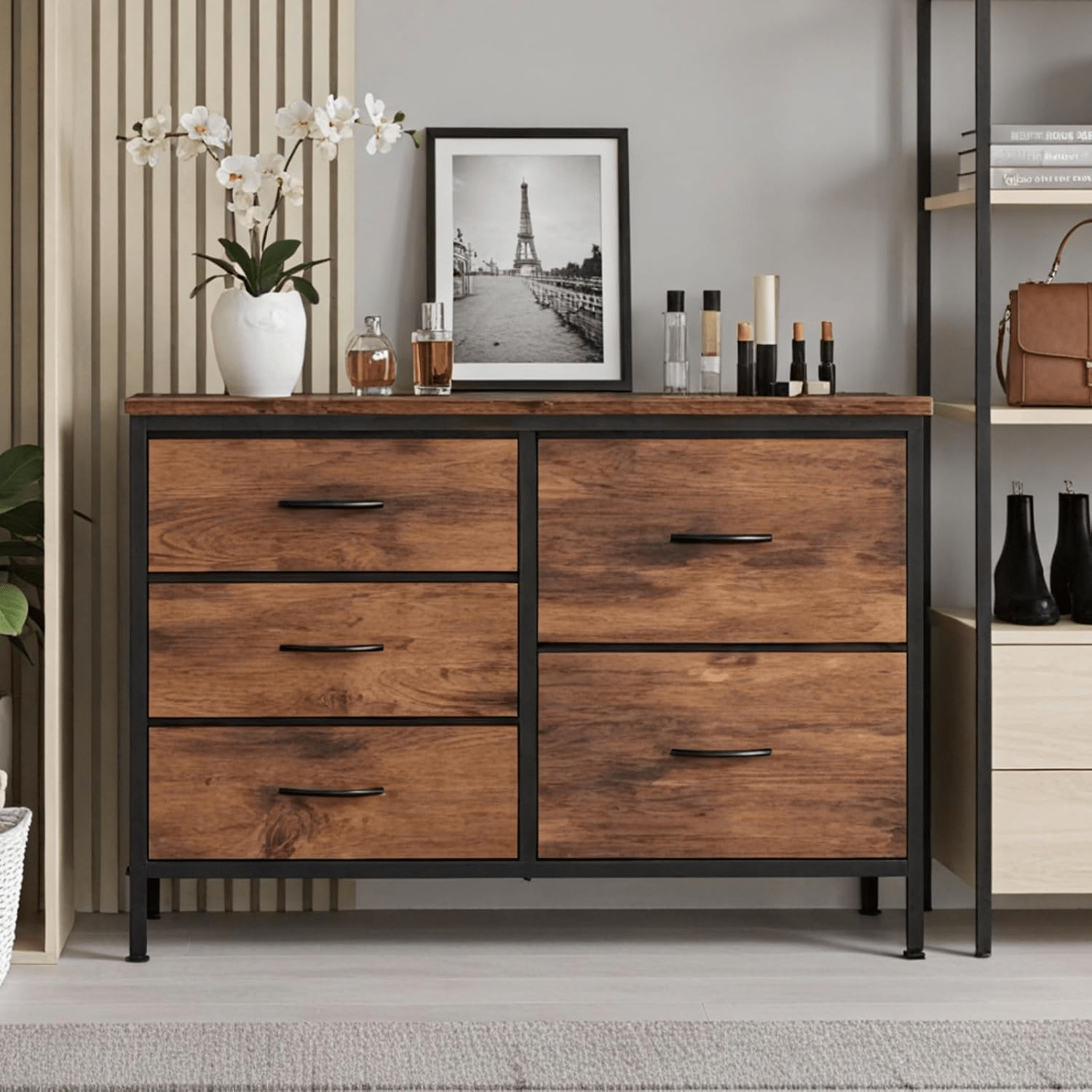 Tv Stand For Bedroom With 5 Storage Drawers, Fabric Chest Of Drawers With Metal Frame, Living Room Storage Organizers Units For Clothes, Tv Stand And Hallway