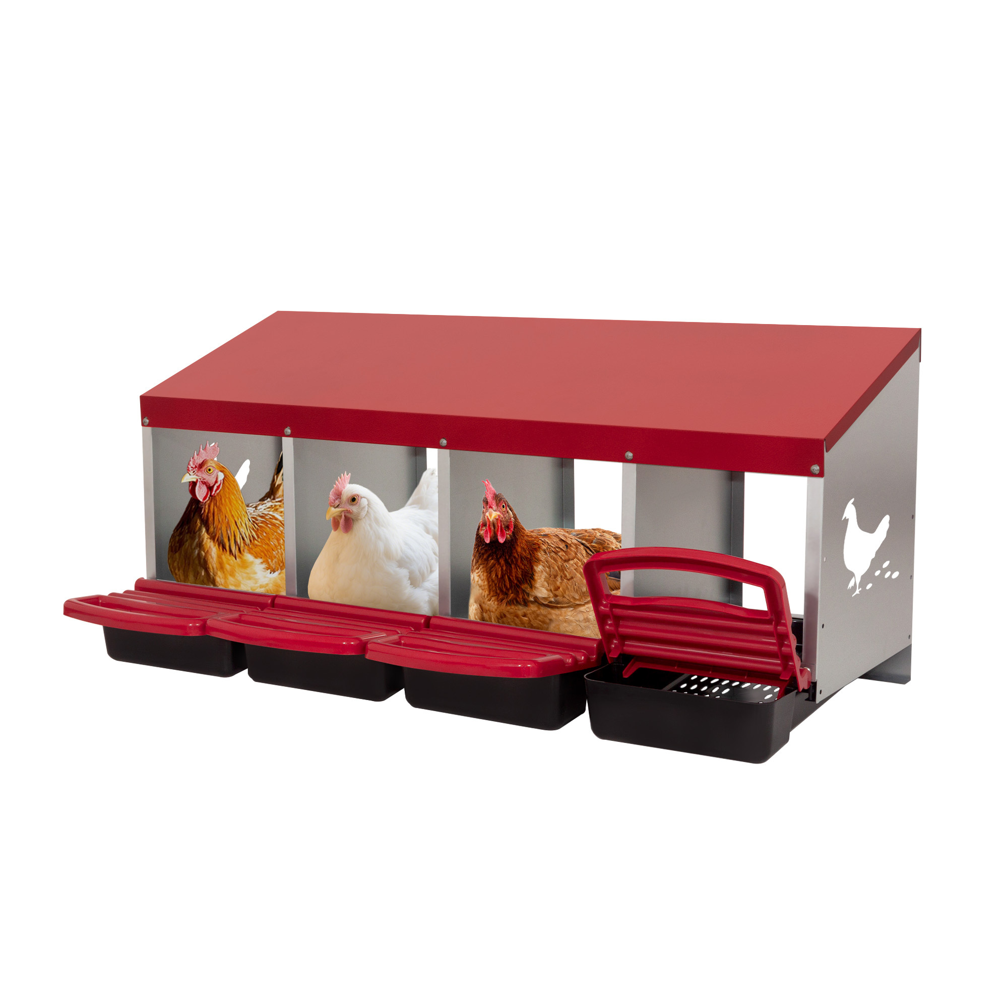 E-shop Hühnernestkasten mit 4 Legelöchern, 4-Fach-Eierbrüter (Hühnerstall/Geflügelfarm) Rot, Metall, Eierroll-Design, korrosionsbeständig, wetterfest,