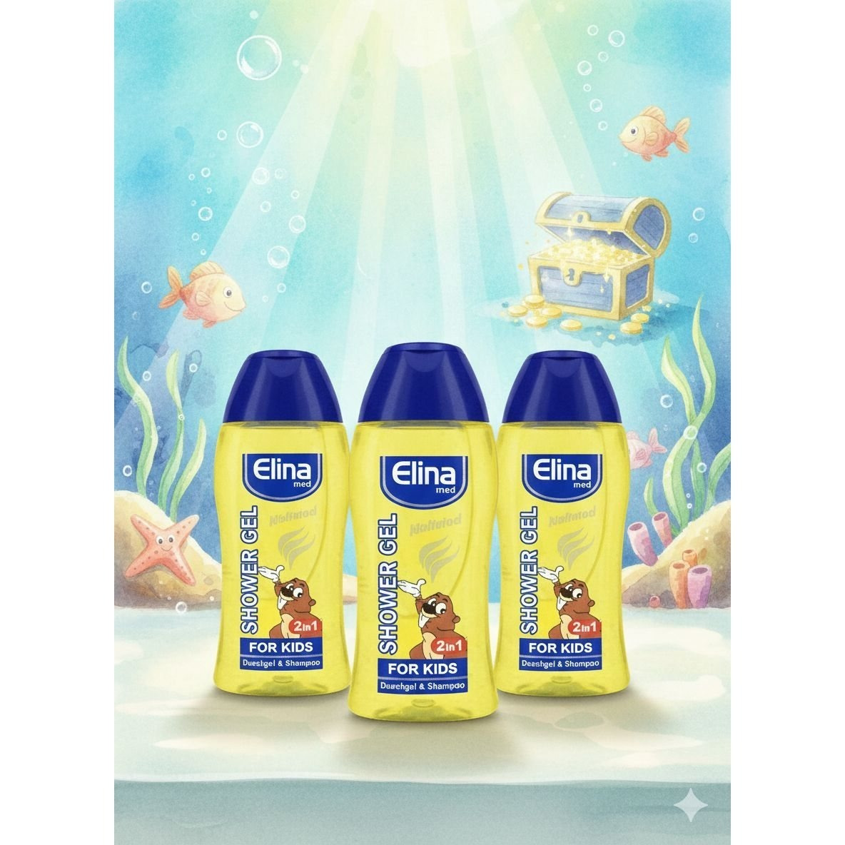 Image of Elina With Children's Shower Gel & Shampoo, Yellow, 3x250 Ml, With Peach Scent
