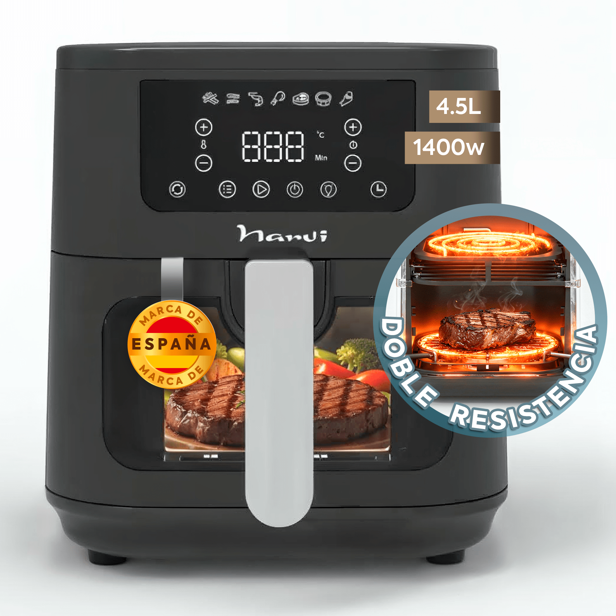 TEMU NARVI Freidora de Aire, Grill, Resistencia, Capacidad 5,5L, Potencia 1500W, Ventana y cesta con iluminación LED, Grill Superior e Inferior,