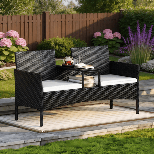 nordivale 2 seater rattan bistro set with built in glass table outdoor seat with cushions rain cover black pe wicker beige dark grey navy light grey