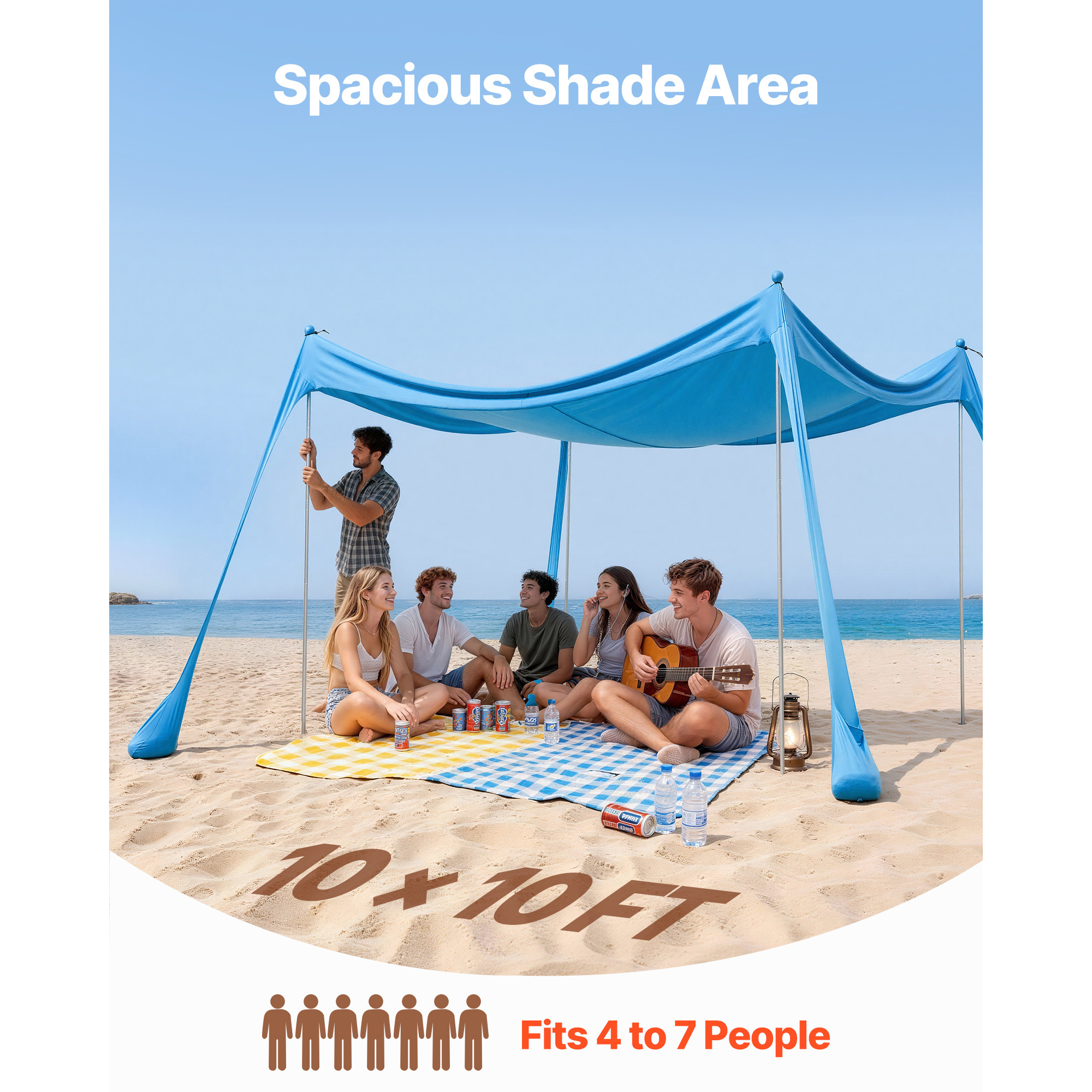 Image of Vevor Beach Tent Sun Shelter, Upf50+ Sun Protection, 2 M Tall, 3 X 3 M, Up Beach Canopy With 4 Sandbags, Stability Poles, Sand Shovels, Portable Shade For Family , Camping, Fishing