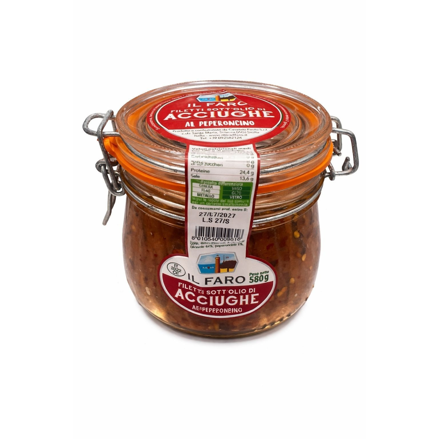 Image of Anchovy Fillets With Chili Pepper, Faro Brand, In Sunflower Seed Oil, Handcrafted, Hermetic Jar Of 580g