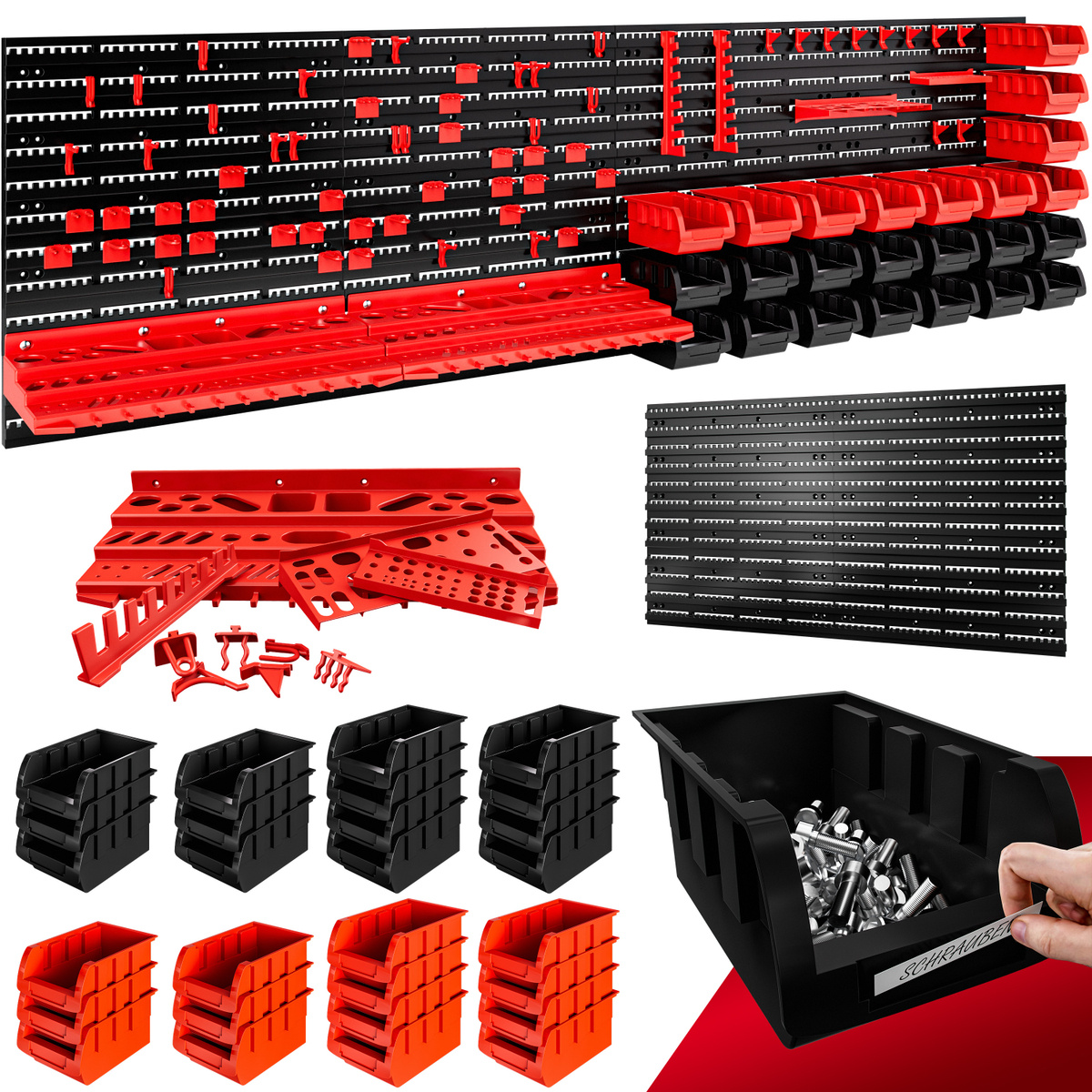 E-shop Werkzeugwand 190x54cm 97 tlg. 4 Starke Wandplatten Erweiterbar Werkstatt Lochwand Werkzeughalter Regal Stapelboxen