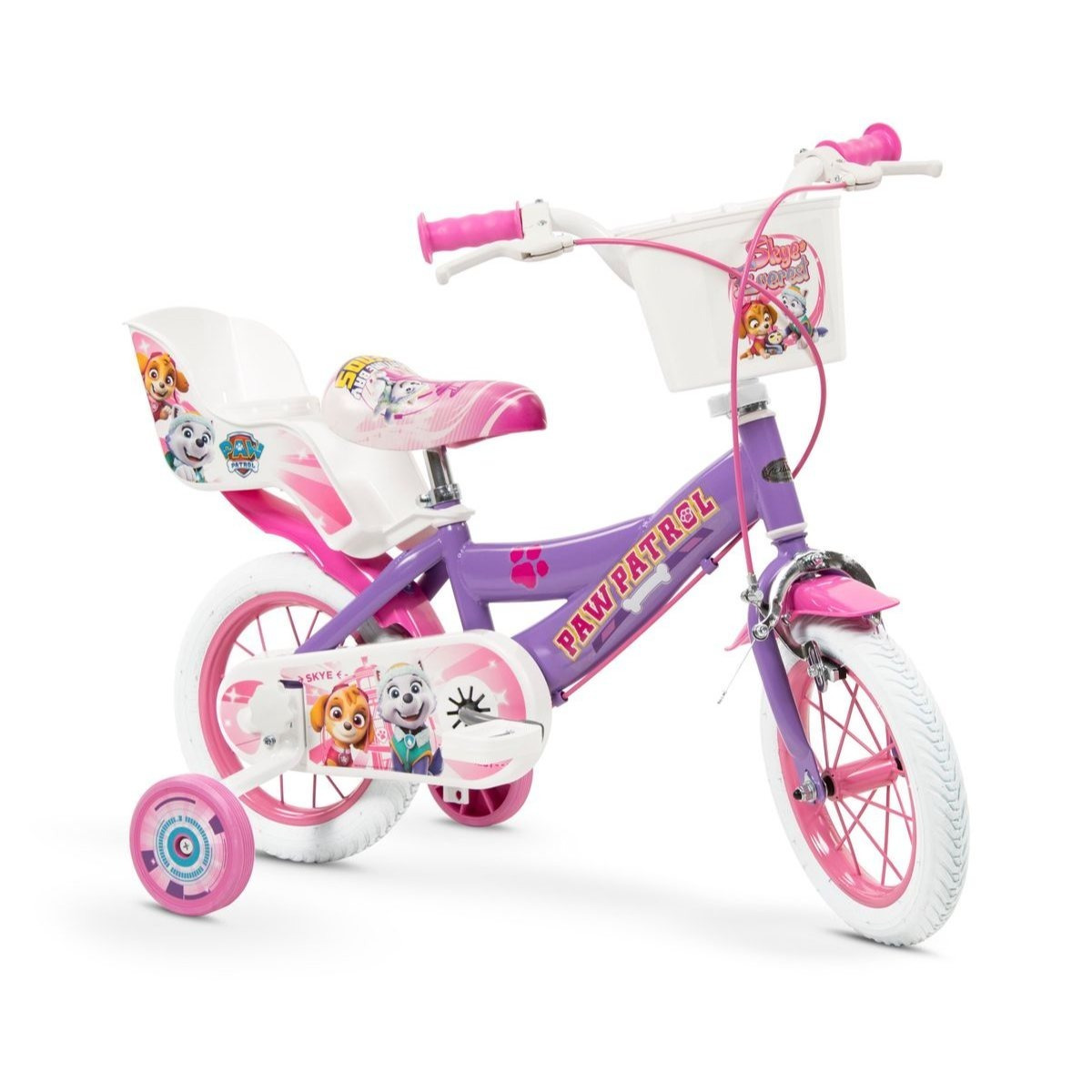 Image of 12-inch Kids' Girls' Bicycle With Rim Brakes, , Mudguards, Training Wheels, Doll Seat, And Basket - Purple
