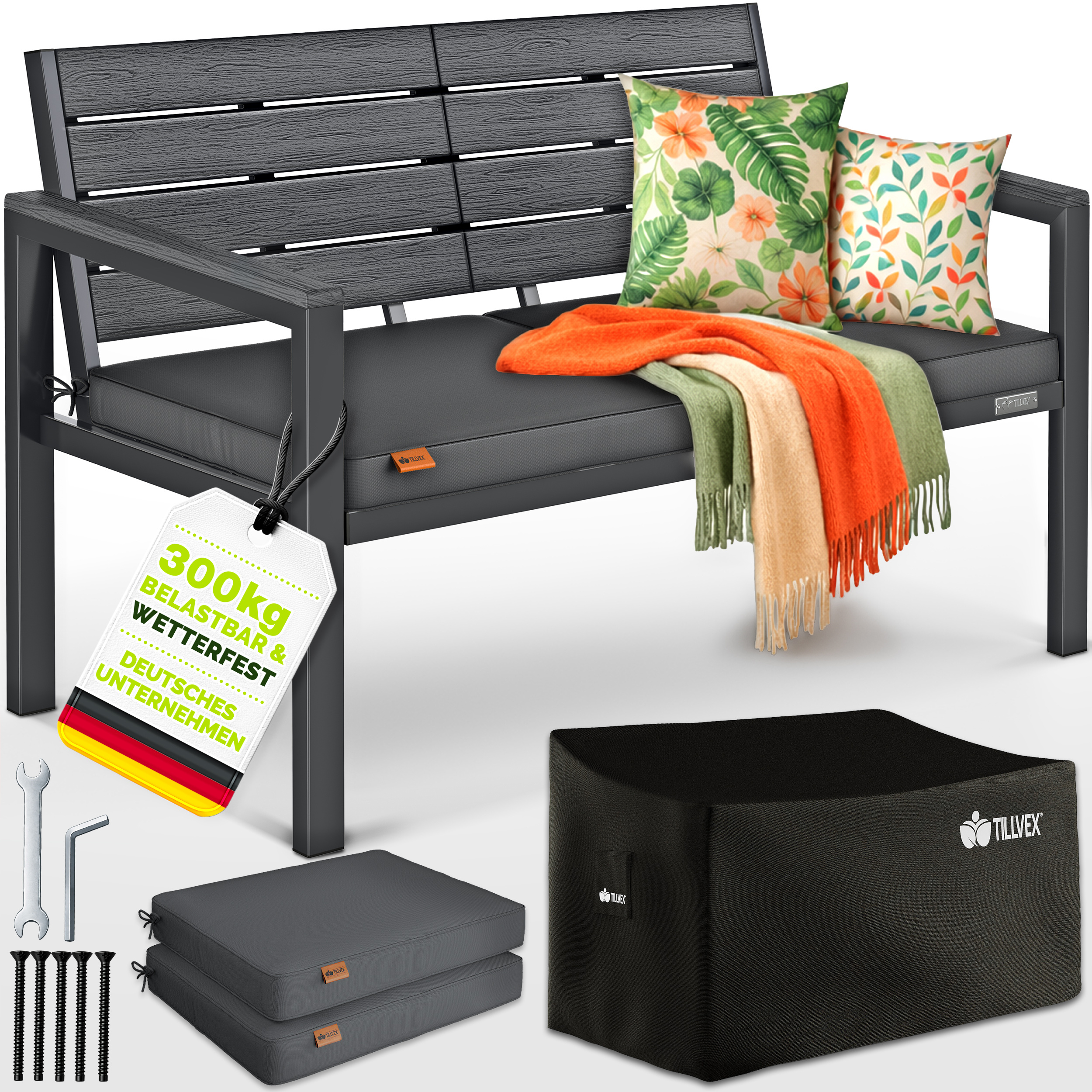 Tillvex® Garden Bench With Cover & Cushion Weather-resistant | Park Bench In Wood Look Up To 300kg Loadable Uv-resistant | Outdoor Bench For Balcony With Washable Cover