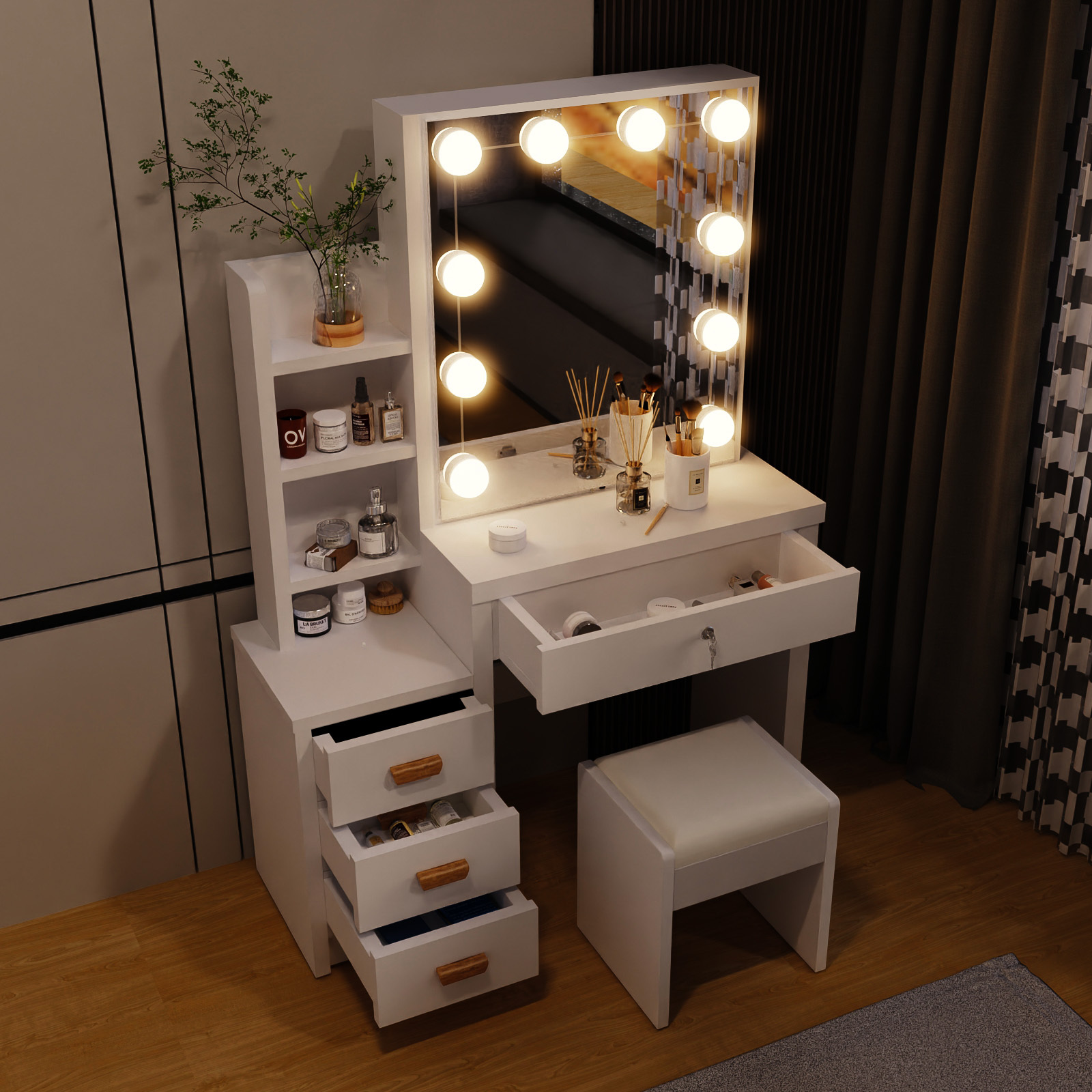 E-shop Schminktisch-set mit Spiegel und Hocker, Schminktisch mit 10 LED-Leuchten, Verstellbarer Helligkeit, Kosmetiktisch mit 4 Schubladen Kommode,