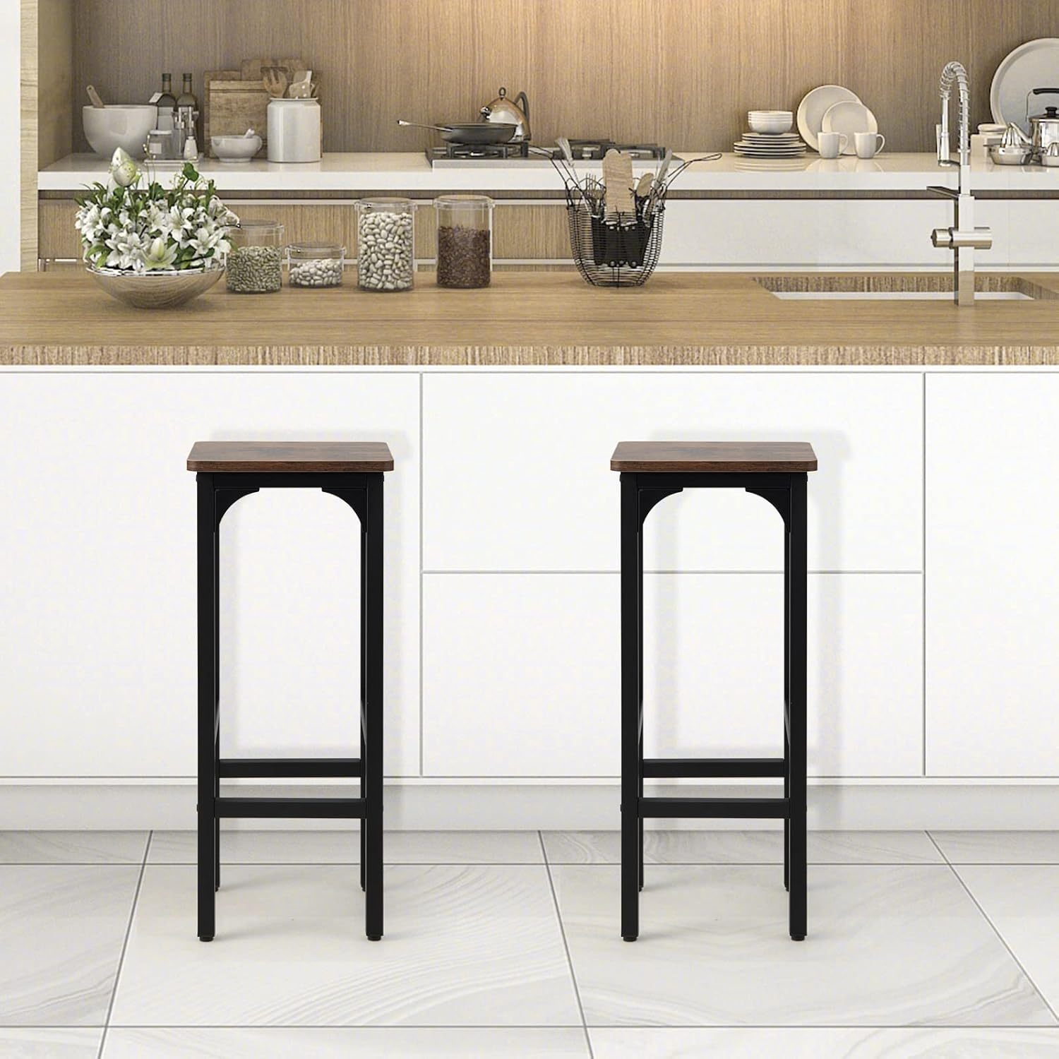 Image of Bar Stools Set Of 2, 28" Counter Height Stools With Footrest, Black Metal Frame, Adjustable Feet