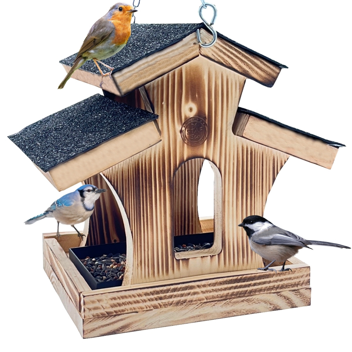 Wooden Bird Feeder – Burnt, Rustic Chain Decoration For , With Feed Drawer And Roof