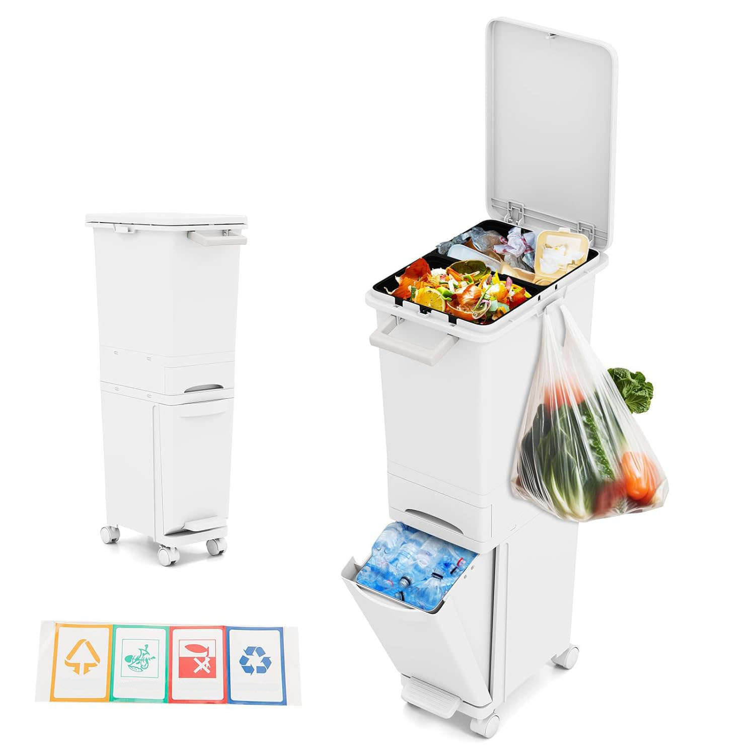 TEMU 32l/49l Kitchen Trash Can With Wheels, Waste System With Bucket, Lid, Drawer & Sticker, 3 In 1 Step Trash Can, Kitchen Trash Can For Kitchen &