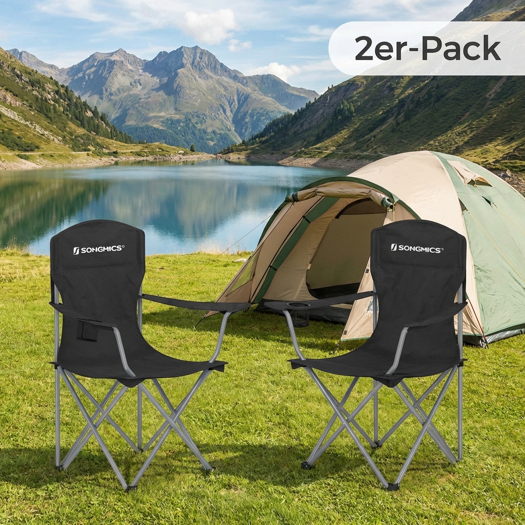E-shop Campingstuhl 2er Set, Klappstuhl Outdoor, Angelstuhl, hohe Rückenlehne, Armlehnen, Getränkehalter, , bis 150 kg belastbar, Camping Garten