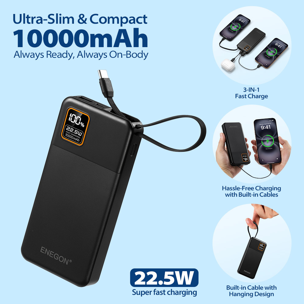 E-shop ENEGON 22,5W 10000mAh Tragbarer Akku, Kompakte Powerbank mit integriertem USB-C-Kabel, Schnellladung USB-C Eingang & , Reise-Handyladegerät für