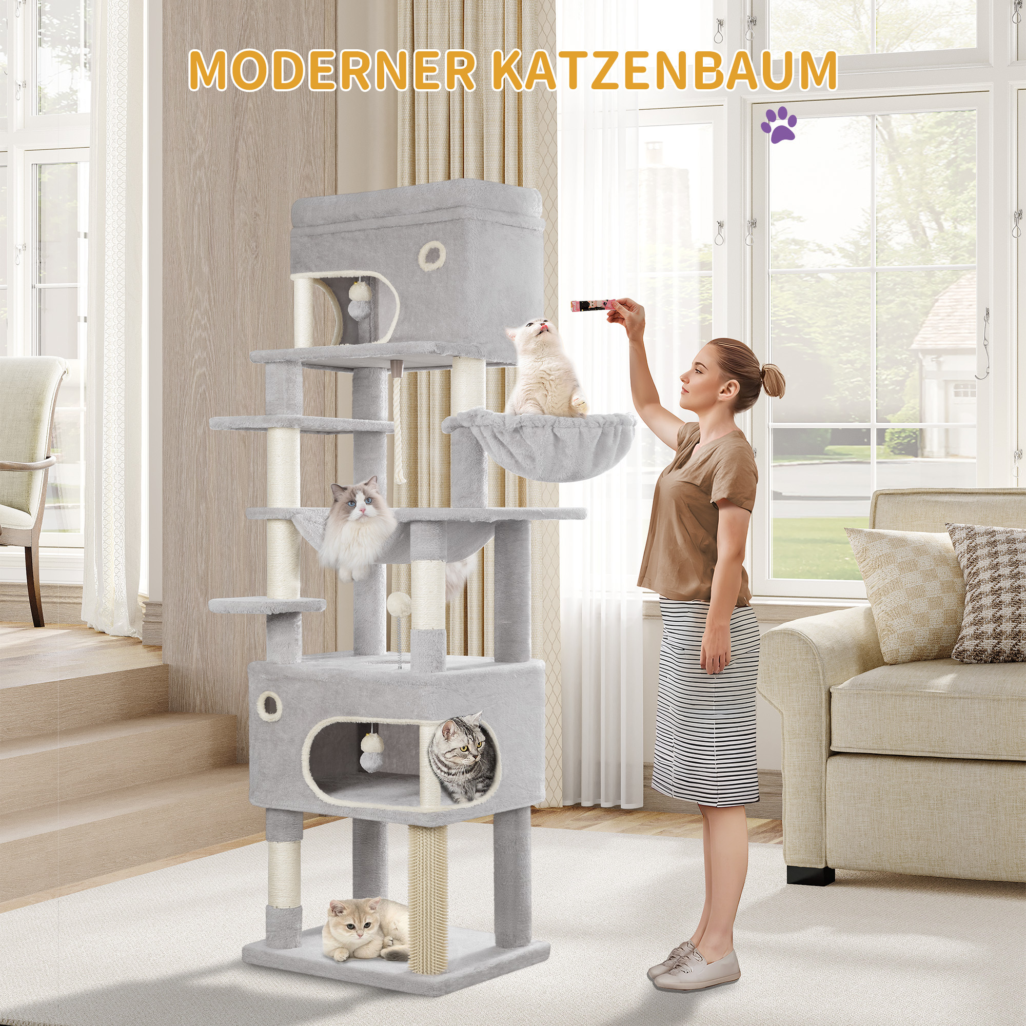 Scratching Tree, 178 Cm Cat Tree With Large Platform, 2 Caves, 7 Scratching Posts, Pom-poms, Lying , Hammock, Suitable For All Cat Breeds, Light Grey/beige