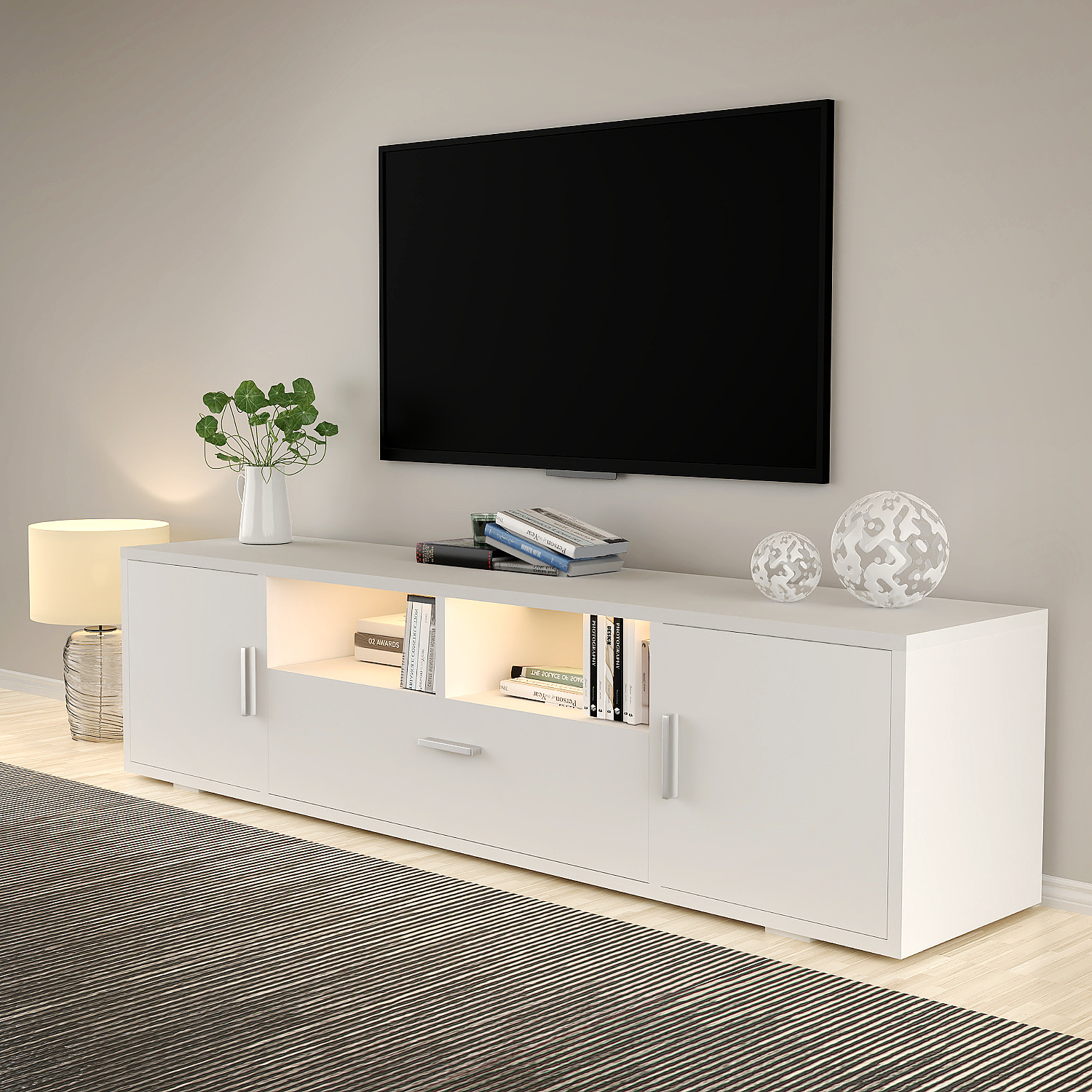 E-shop LED TV-Schrank 160 cm mit 3 Schubladen, Modernes TV Lowboard mit LED-Beleuchtung und Stauraum, Fernsehtisch TV-Ständer für Wohnzimmer, für