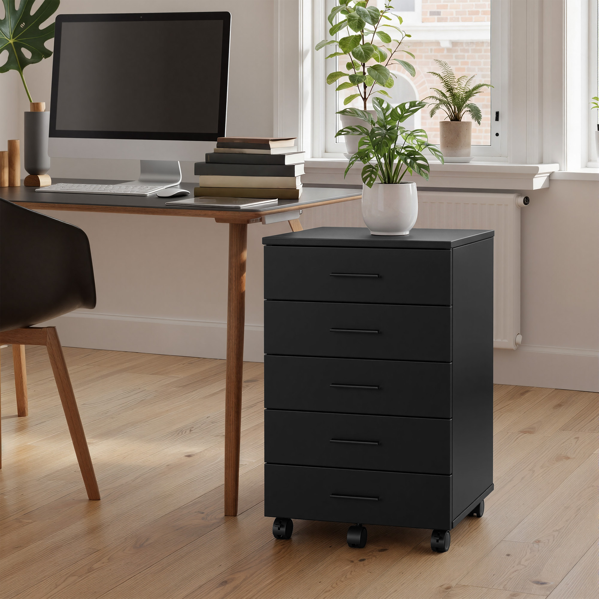 Dresser, Mobile Filing Cabinet With 5 Drawers, With Screwless Rails, For Office, Home, Black