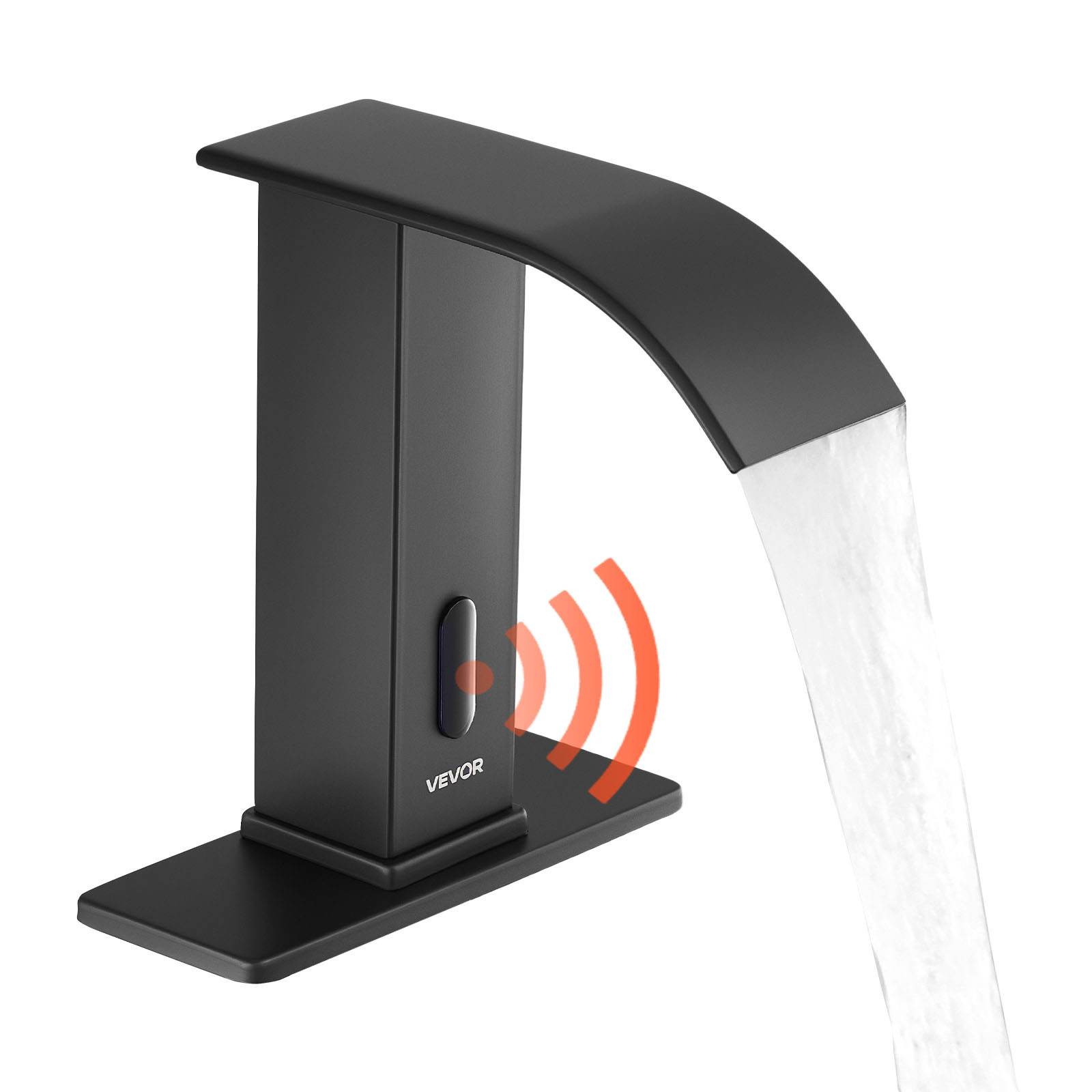 Vevor Touchless Bathroom Sink Faucet, Automatic Motion Sensor Waterfall Restroom Toilet Faucet With Hole Cover Plate, Battery Operated, Hot/cold Water For 9.5 Mm Pipe Commercial , Matte Black