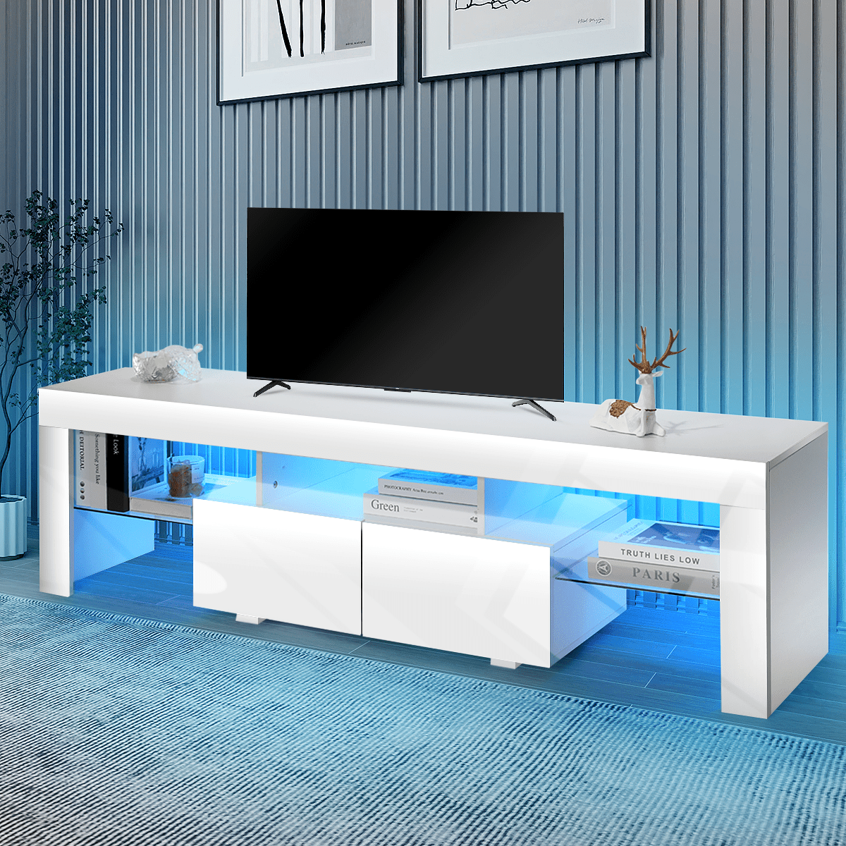 E-shop TV-Ständer 160 cm, TV Schrank mit 2 Türen und RGB LED-Leuchten, 16 für TVs bis zu 65 Zoll, Stand- / Hängeleuchte Lowboard, Entertainment- für