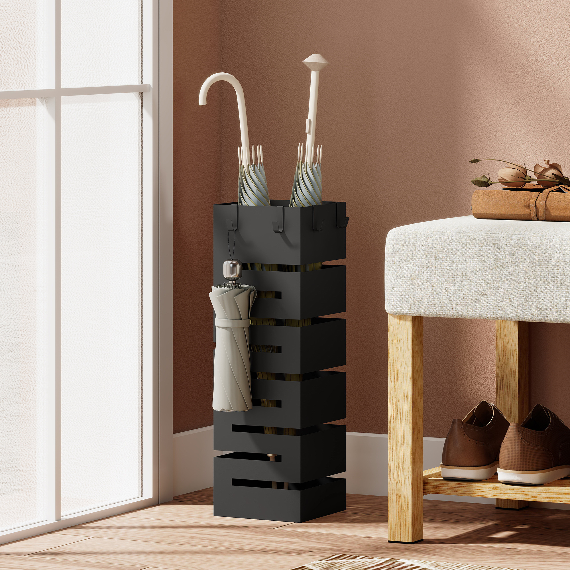 Stand, Square Umbrella Holder With Removable Water Catch Tray And 4 Hooks, For Entryway, 15.5 X 15.5 X 49 Cm, Black