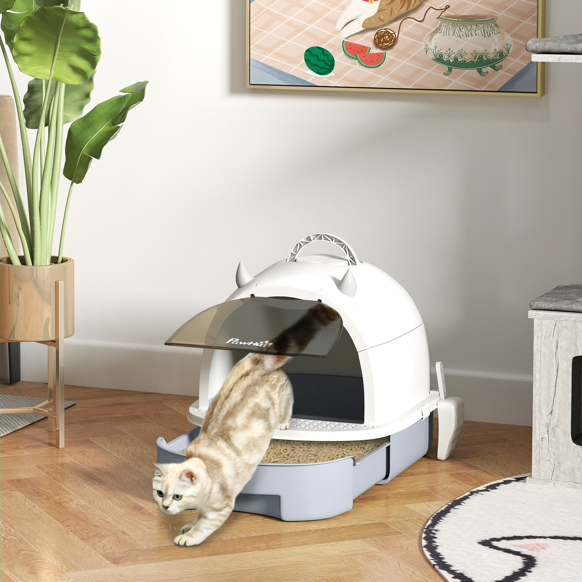 Litter Box With Lid Cat Toilet With Shovel Bottom Drawer Leakage Pedal Cat Toilet For Cats Up To 5 Kg 40.5 X 52 X 39 Cm Gray
