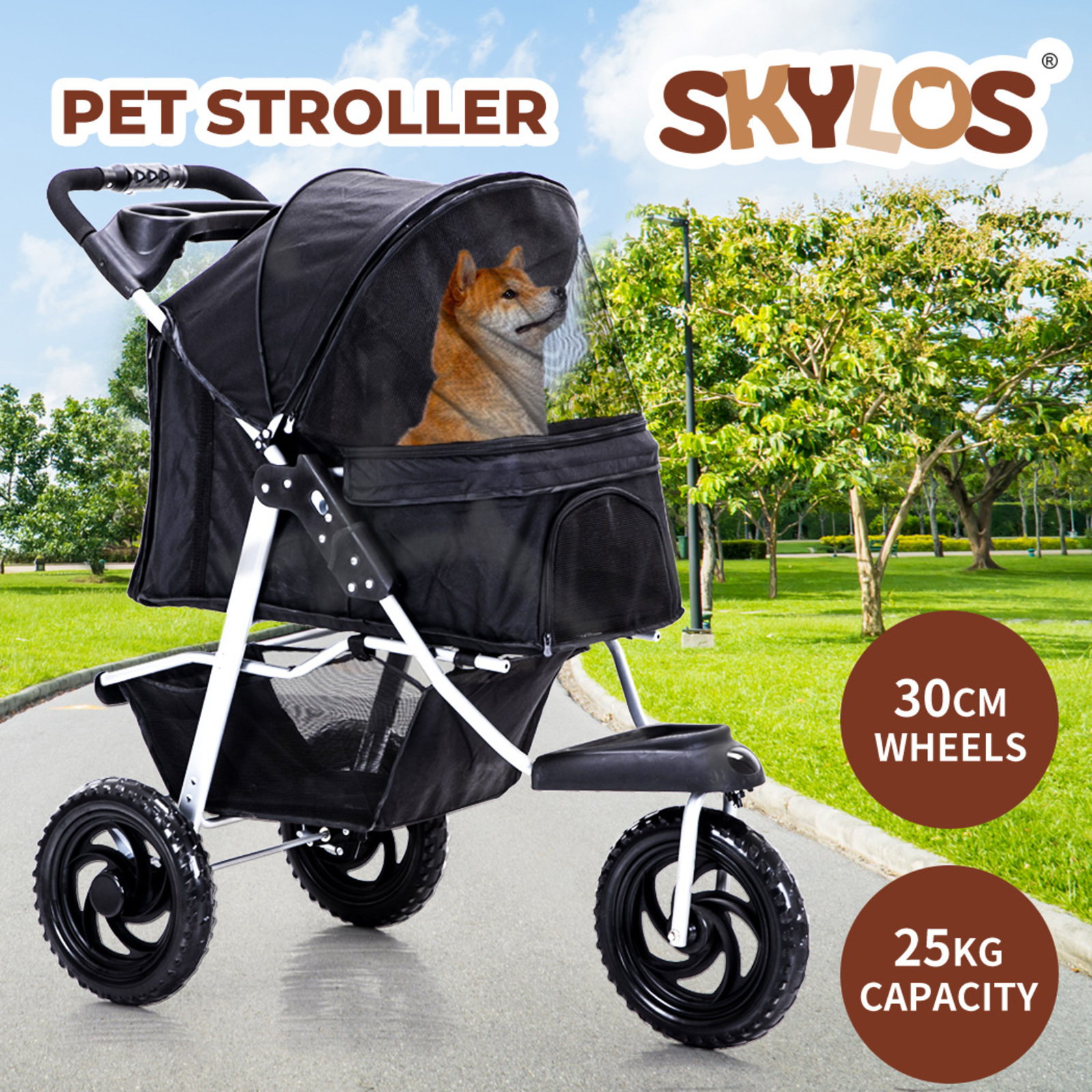 TEMU Large Pet Stroller, 3-wheel Foldable Dog & Cat Carrier Pram With 360° Front Wheels, 25kg Capacity For Senior Disabled Small Pets, Lightweight &