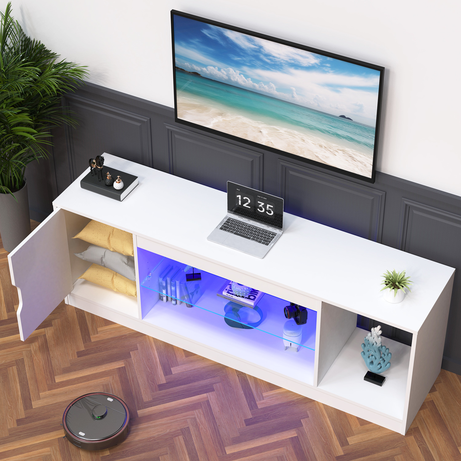 Image of 148 Cm Tv Stand Cabinet With Led Lighting And Glass Partition, 16 For Tvs Up To 65 Inches, Adjustable Shelves, Entertainment Center For Living Room, Bedroom, White