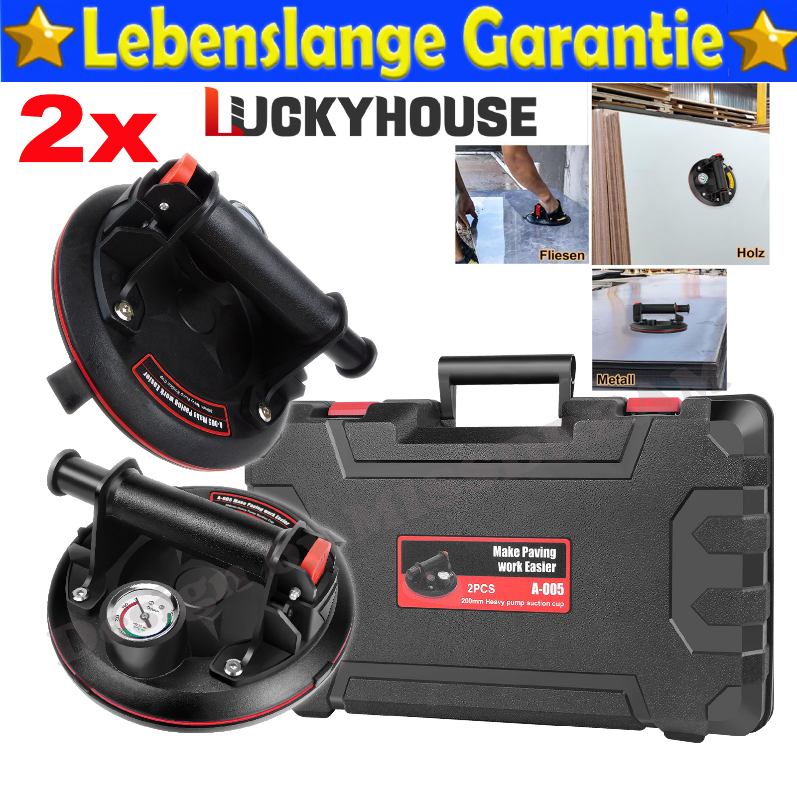 E-shop Set mit 2 Glas-Saughebern, 9,8 Zoll mit Manometer, Glas-Saugnäpfe Fliesenheber Saugheber Max. Last 200 kg/Teil, 400 kg Gesamt, Saugheber für