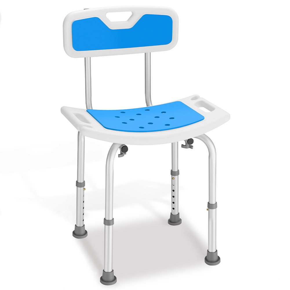 Bakaji Shower Stool With Backrest For The Elderly, Disabled, And People With Reduced Mobility, Bath Chair With Non-slip Aluminum Frame, Drainage Holes, And Adjustable Height, Max. Load 130kg