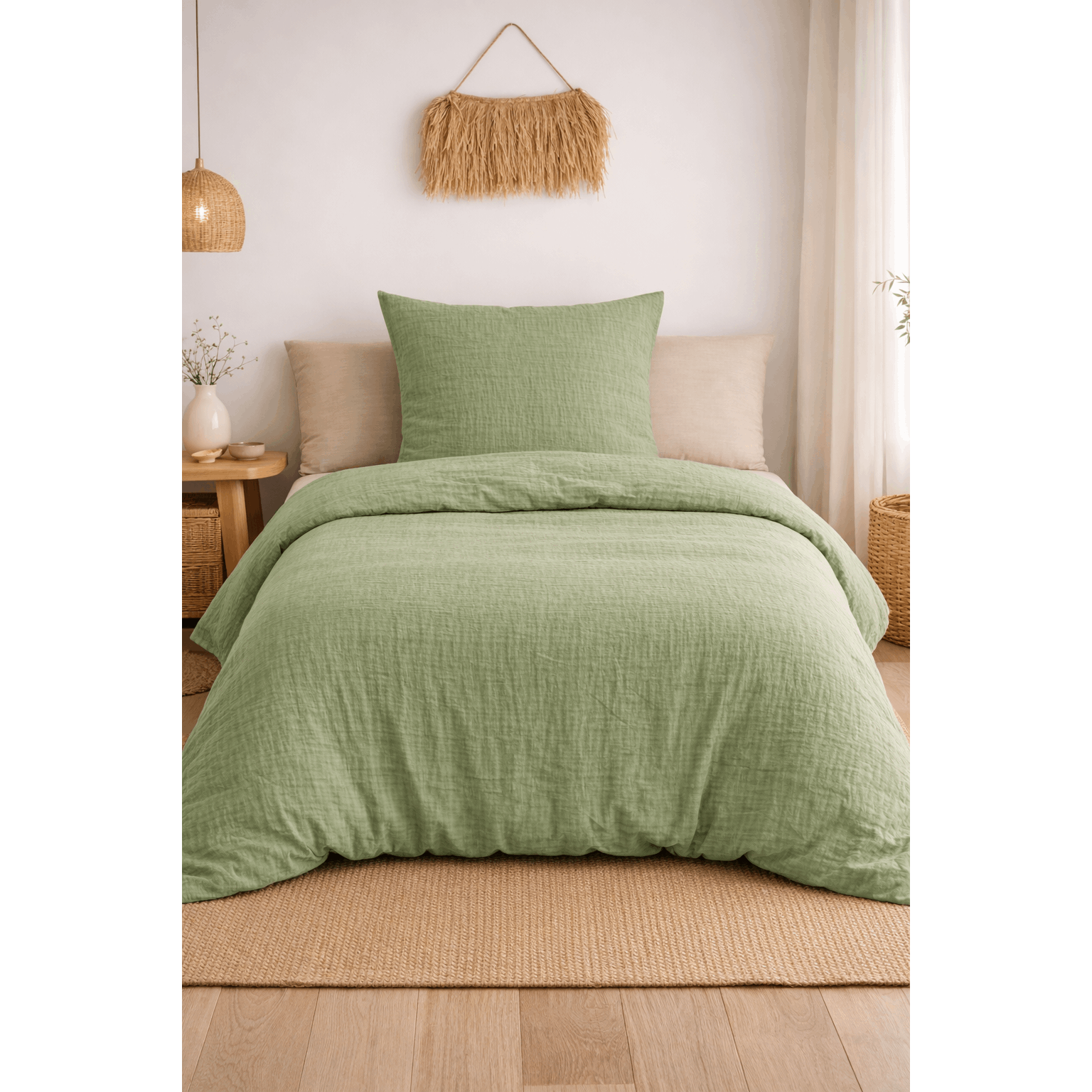 Image of Muslin Bed Linen 100% | Breathable Summer & Bed Linen | Soft & Skin-friendly | With Pillowcase 80x80 Cm | Green / White / Beige / Gray Color Between Pillowcase And Duvet Cover