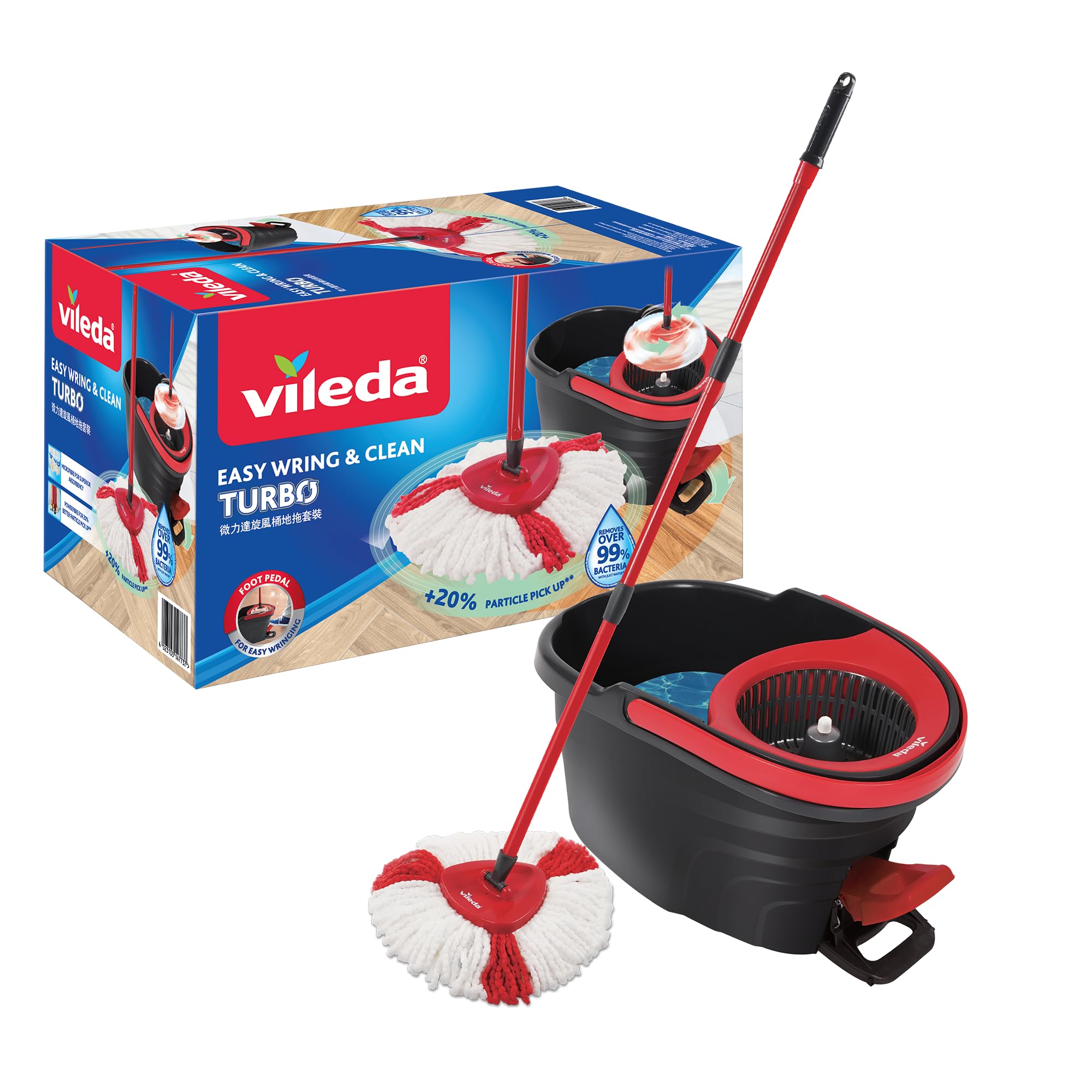 TEMU Ensemble serpillière rotative et seau Vileda Easy Wring & Clean avec pédale | Vileda | Ensemble 3 pièces, manche de 130 cm | Serpillière de sol
