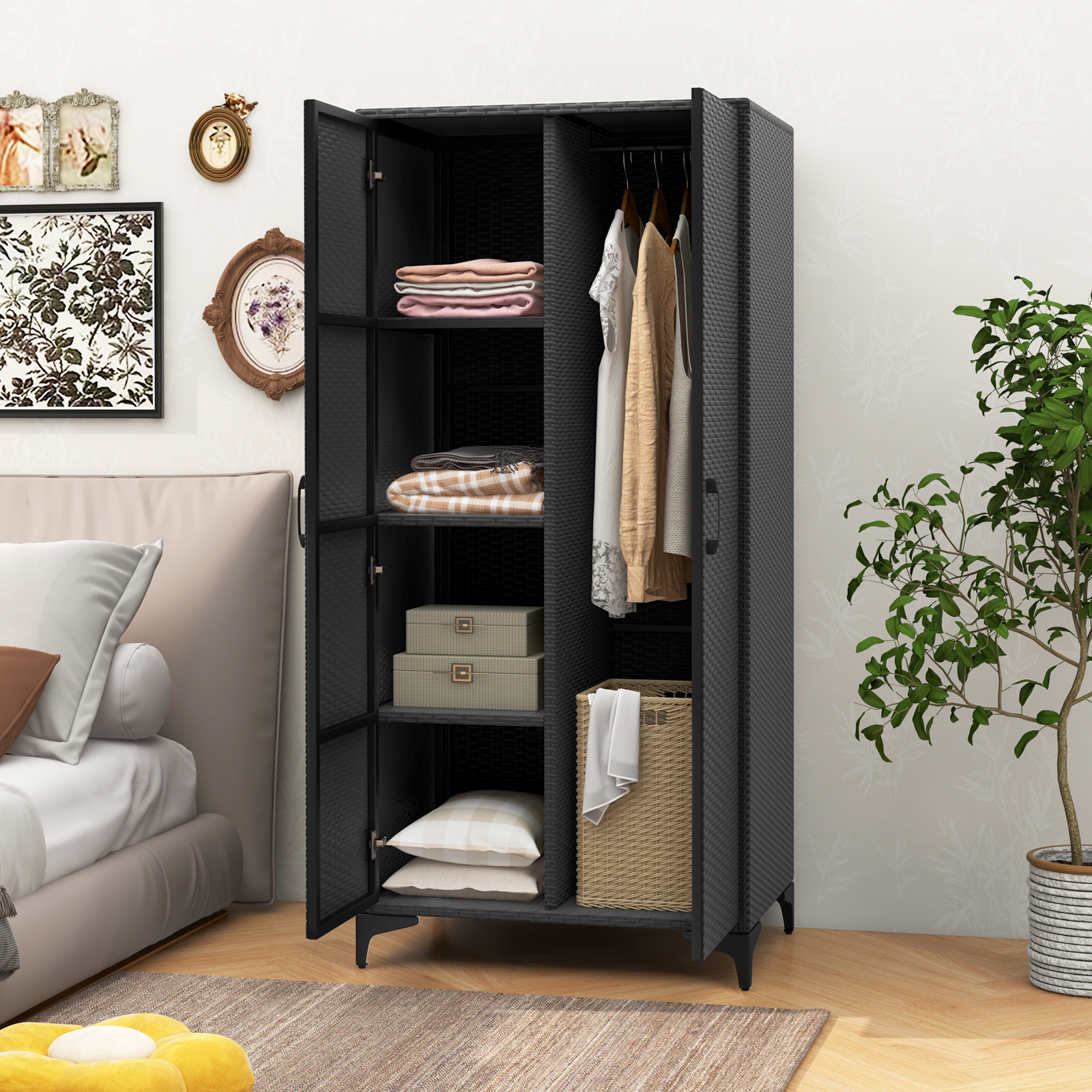 Image of Wicker Wardrobe With 2 Doors, 157 Cm Pe Rattan Wardrobe Armoire Closet W/ Hanging Rod & 4 Storage Cubes, Clothes Organizer For Bedroom, Storage Cabinet For Home, Patio, Garage, Black