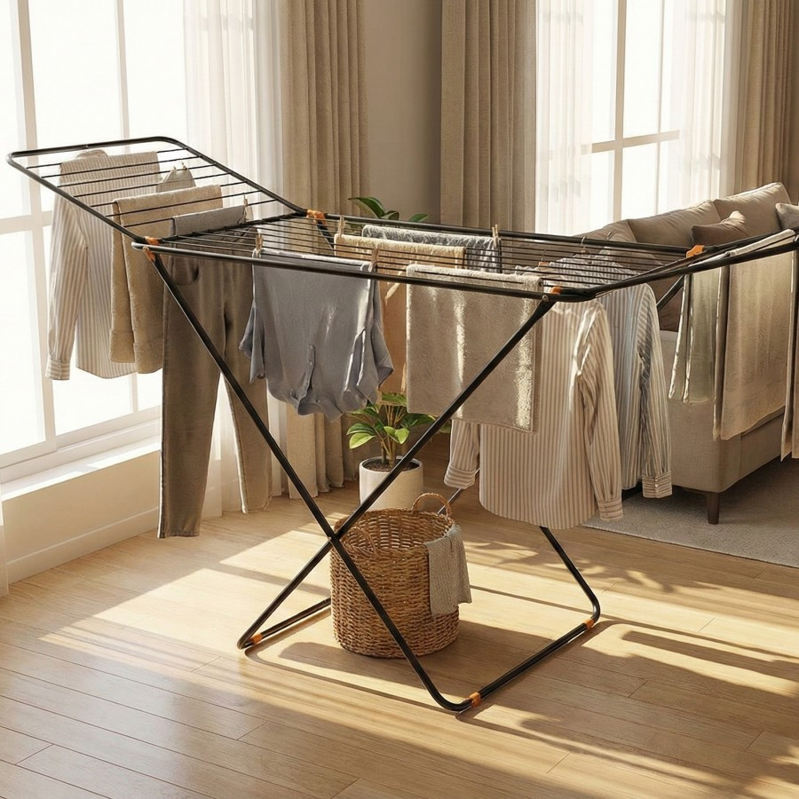 TEMU Tendedero de patio con negro, gran tendedero de ala, plegable, para interior y exterior, para el hogar, de pie 145x95x55CM