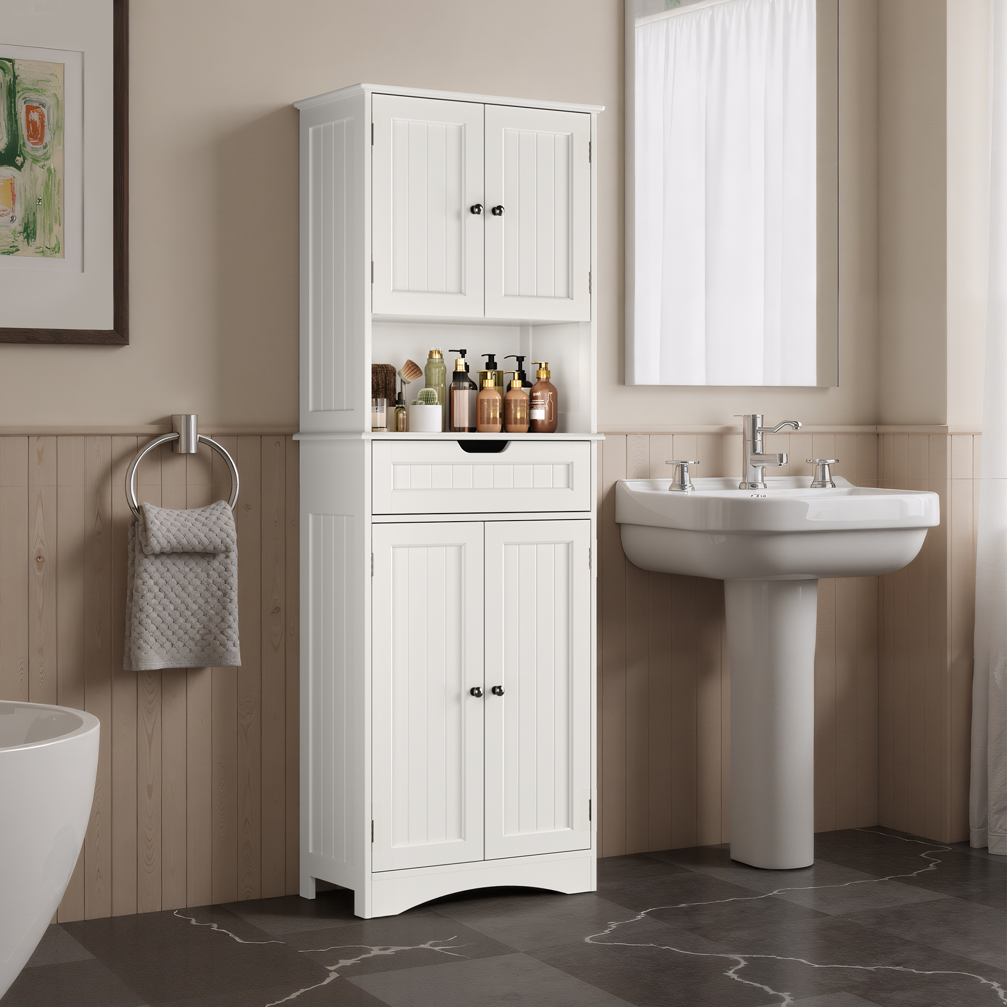 Storage Cabinet | 60×30×170 Cm | & 1 Drawer - Freestanding Tall Cabinet - Waterproof | For Bathroom, Dining Room, Or Bedroom - White Ap14
