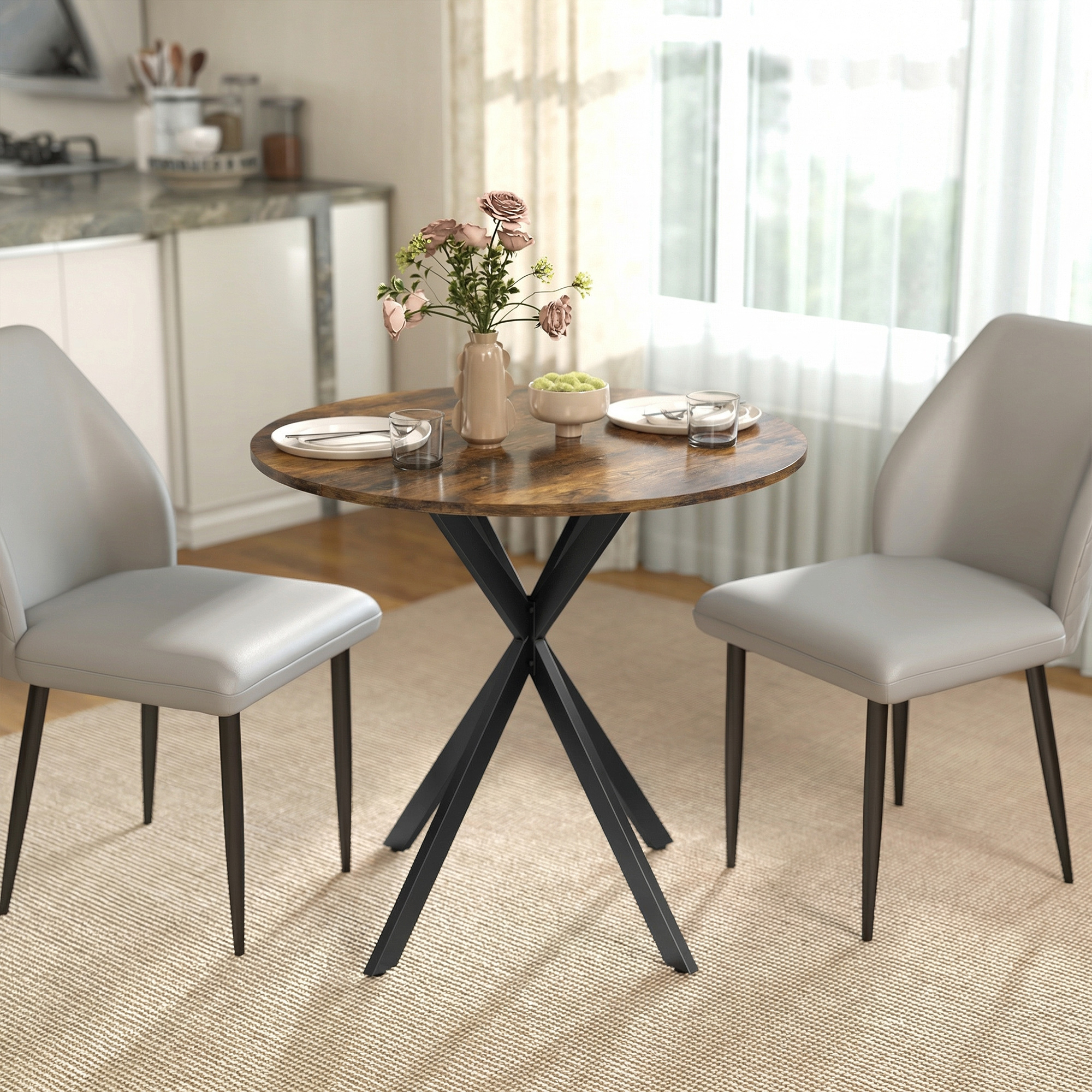 Round Dining Table Ø80cm Industrial-style Dining Table With Steel Legs, Kitchen Table For Dining Room, Kitchen, Home Office, Rustic Brown