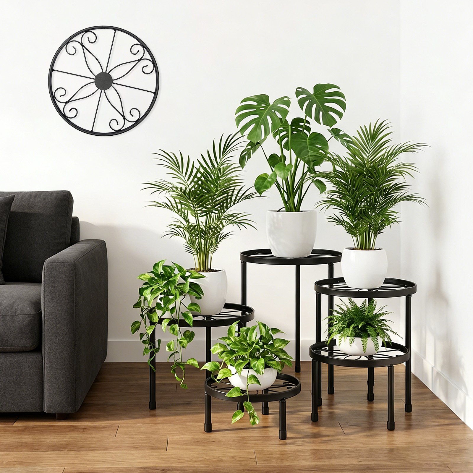 TEMU 5pcs Metal Plant Stands For Pots, Heavy-duty Black Iron Plant Holders Round Display Racks For Indoor And Outdoor Use, Suitable For Home And