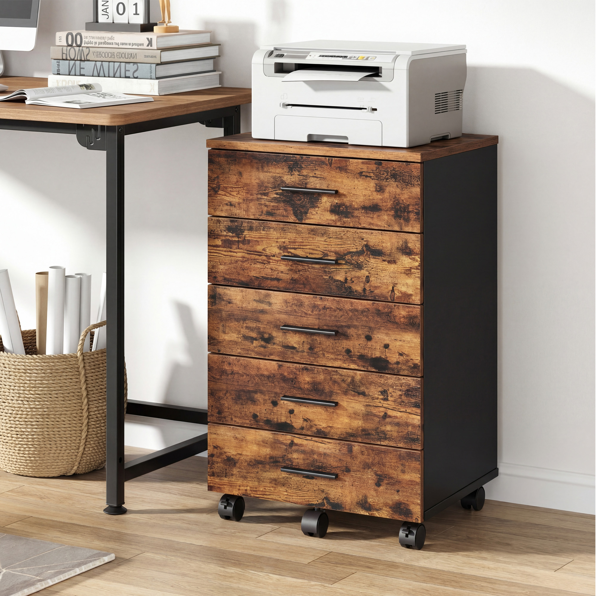 Chest Of Drawers, Mobile File Cabinet, Screwless Guides, With 5 Drawers, Suitable For Home, Office, Vintage, Brown